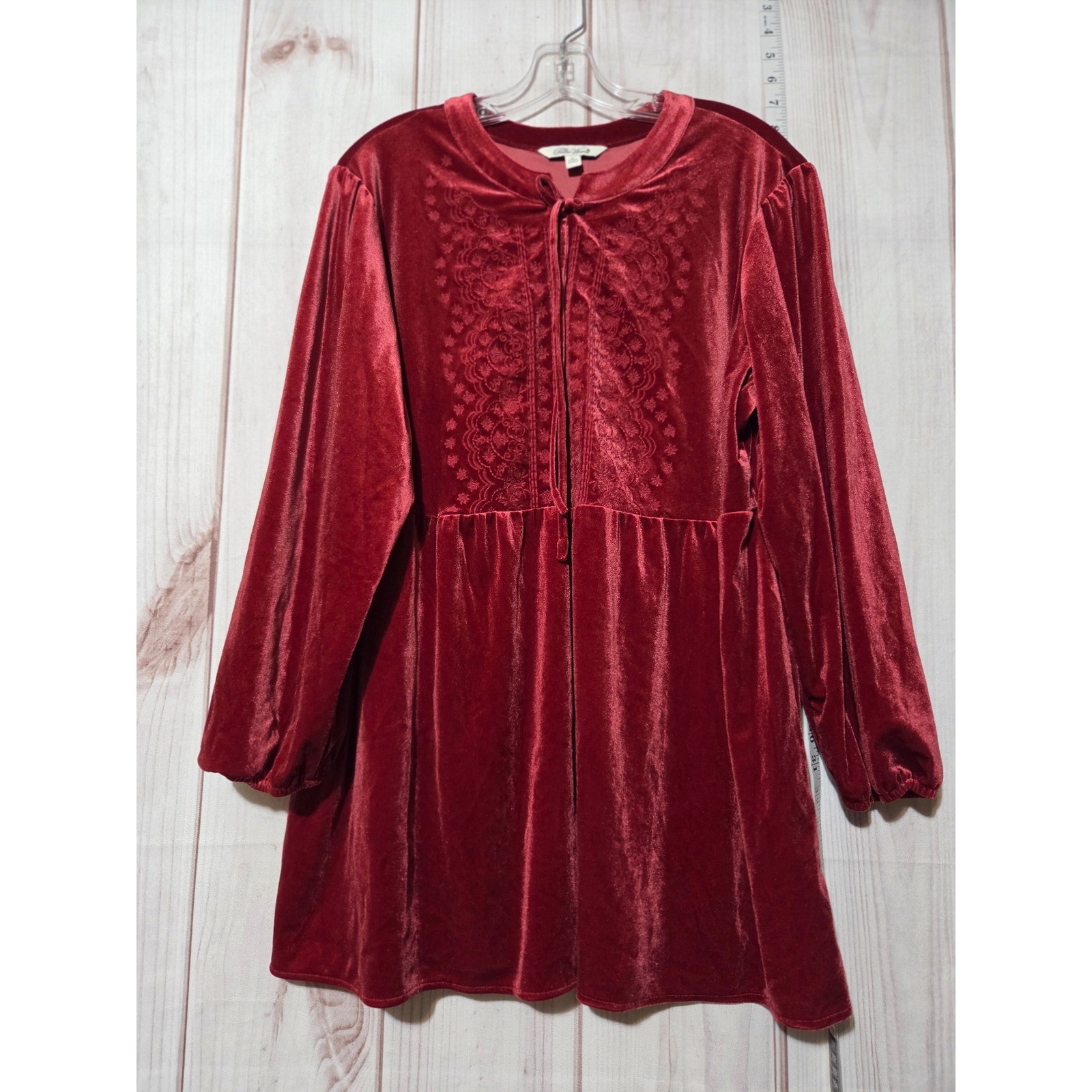 Red Velvet Embroidered Tunic Shirt Long Sleeve Casual Trendy Bohemian Ladies XL