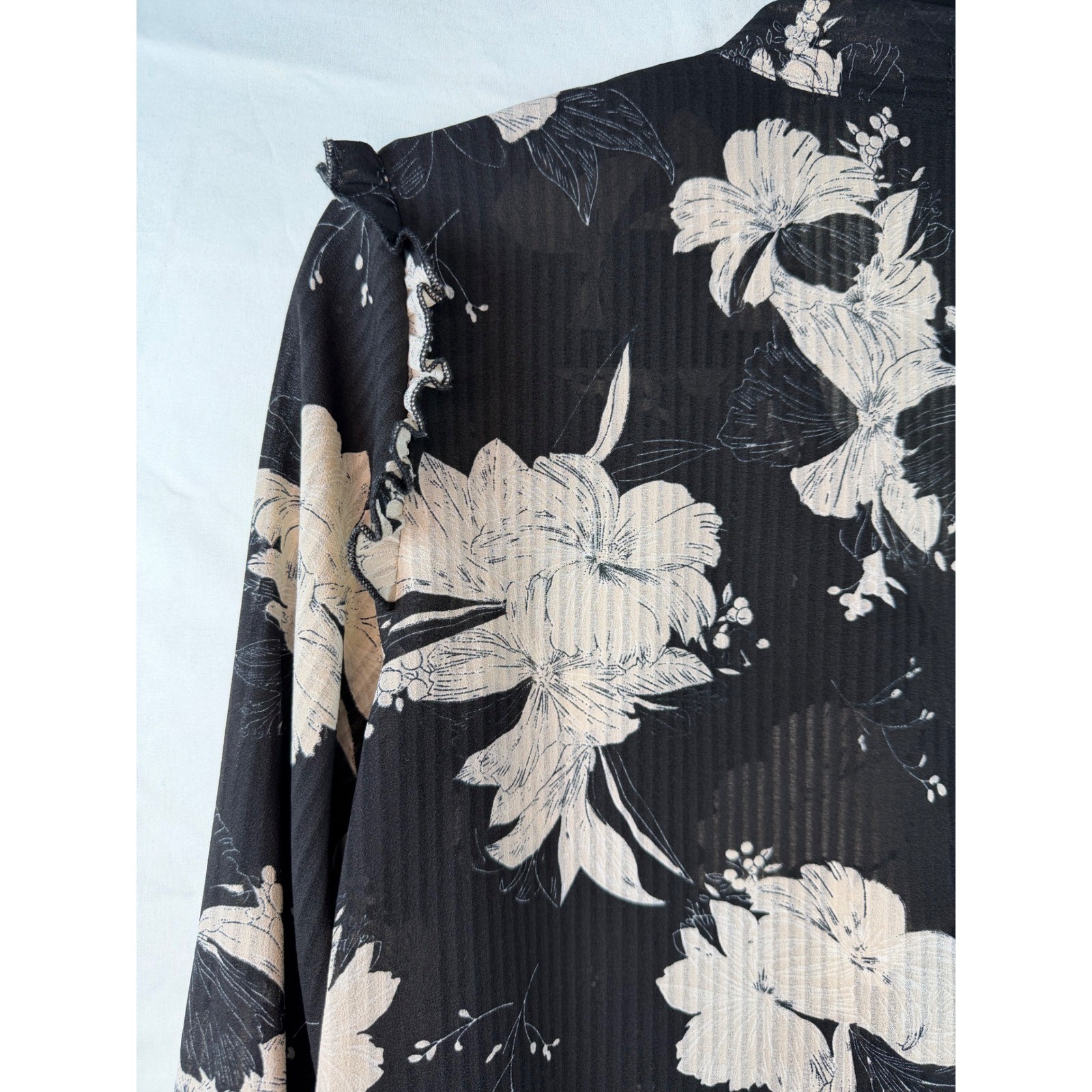 fab’rik Black Cream Floral Ruffle Shoulder Sheer Blouse sz Med feminine