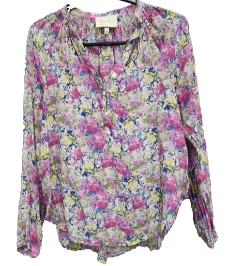 Yumi Kim Womens Silk Blouse Top Small Purple Floral Popover Long Sleeve Cottage