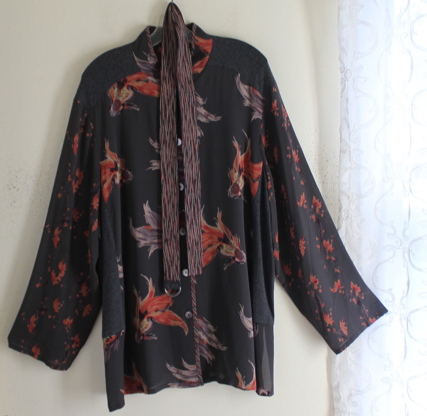 NEW Harari Sz 1X Belted KOI Silk Art-Wear Japanese Fish Tunic Shirt Top Jacket
