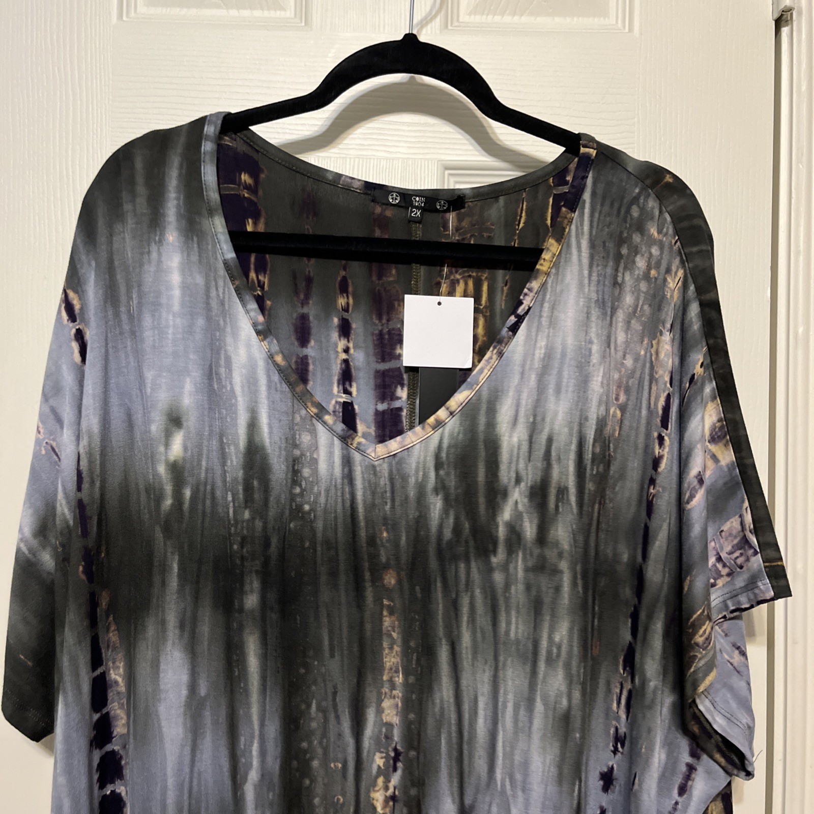 Coin 1804 Gray Abstract Short Sleeve Jersey Knit Tunic w/Drawstring Size 2X NWT