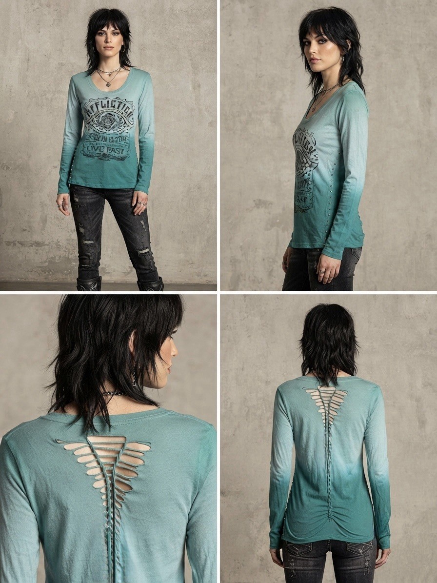 NWT Affliction “Live Fast” Teal Ombré Long Sleeve Top – Studded, Braided Back L