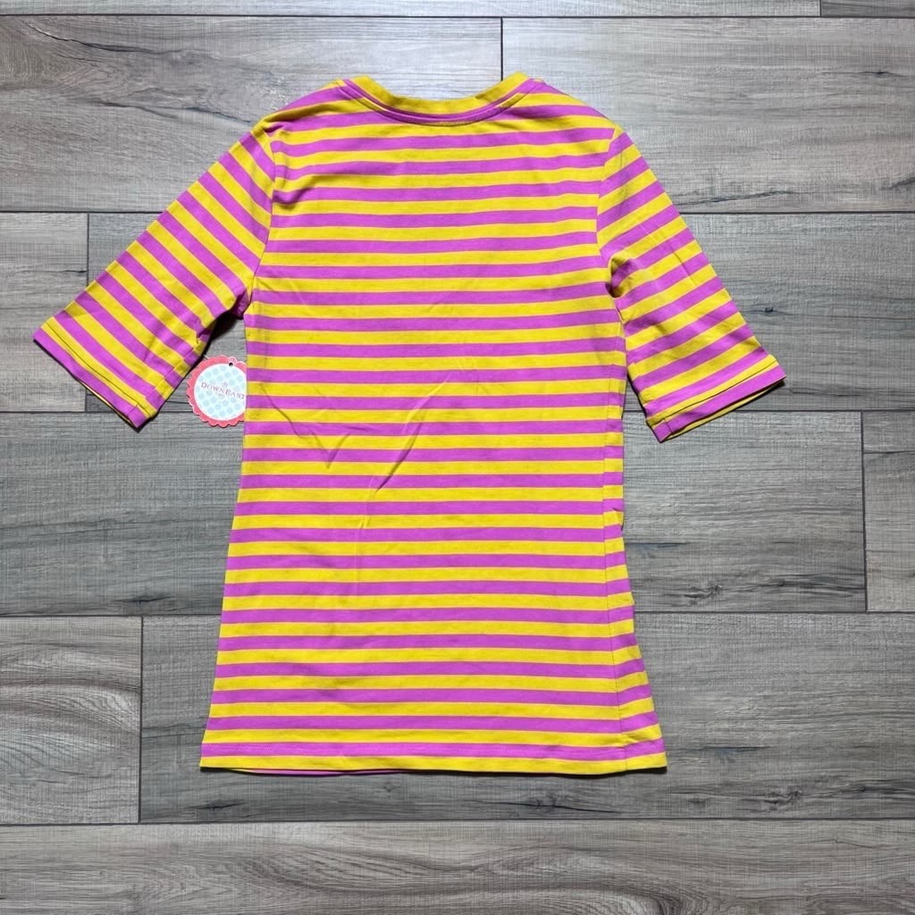Downeast Basics Womens Half Sleeve Striped V-Neck Top Size Small Yellow Pink