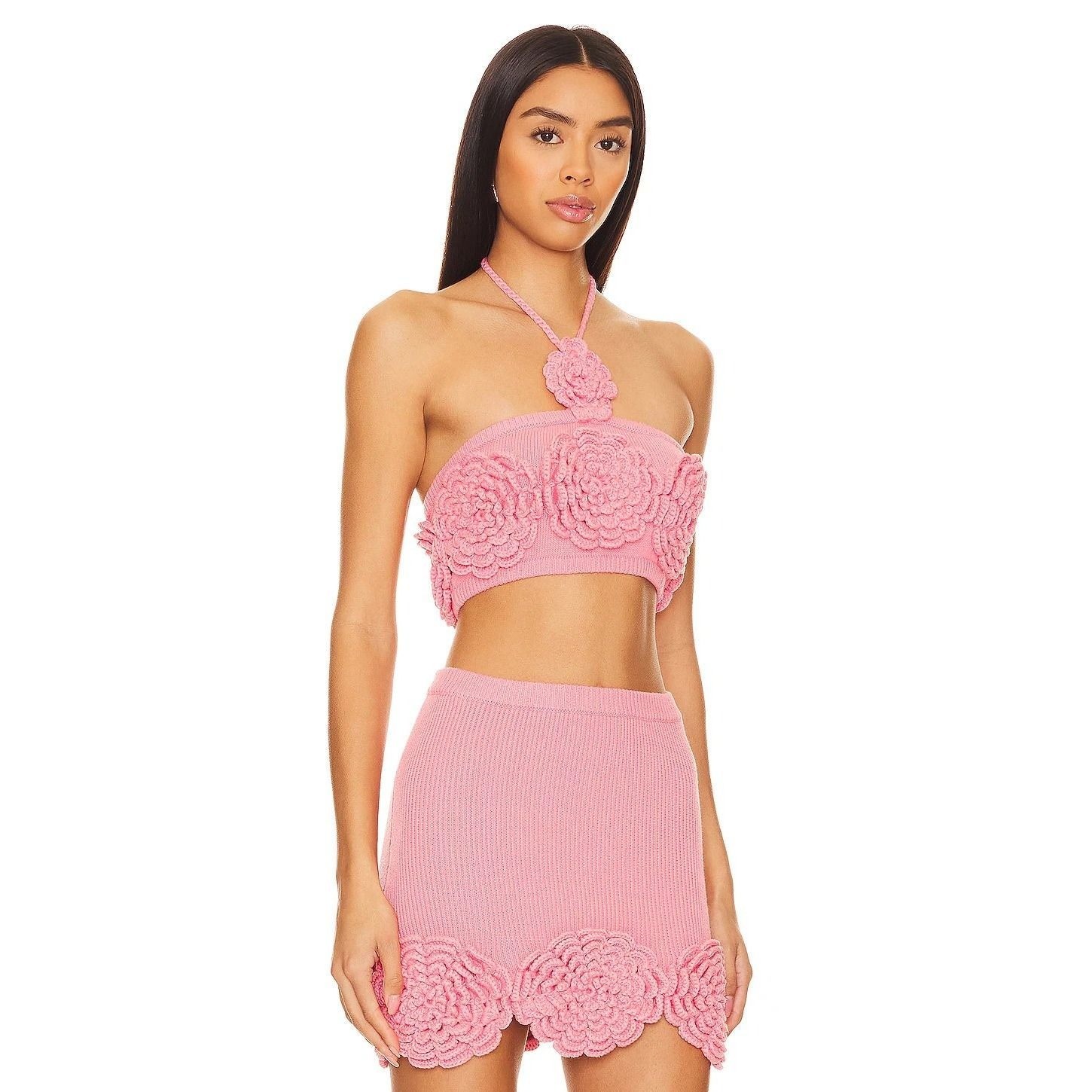 SHEIN Pink Knit Rosette Tube Top Halter Floral Bandeau Size Large L 8/10
