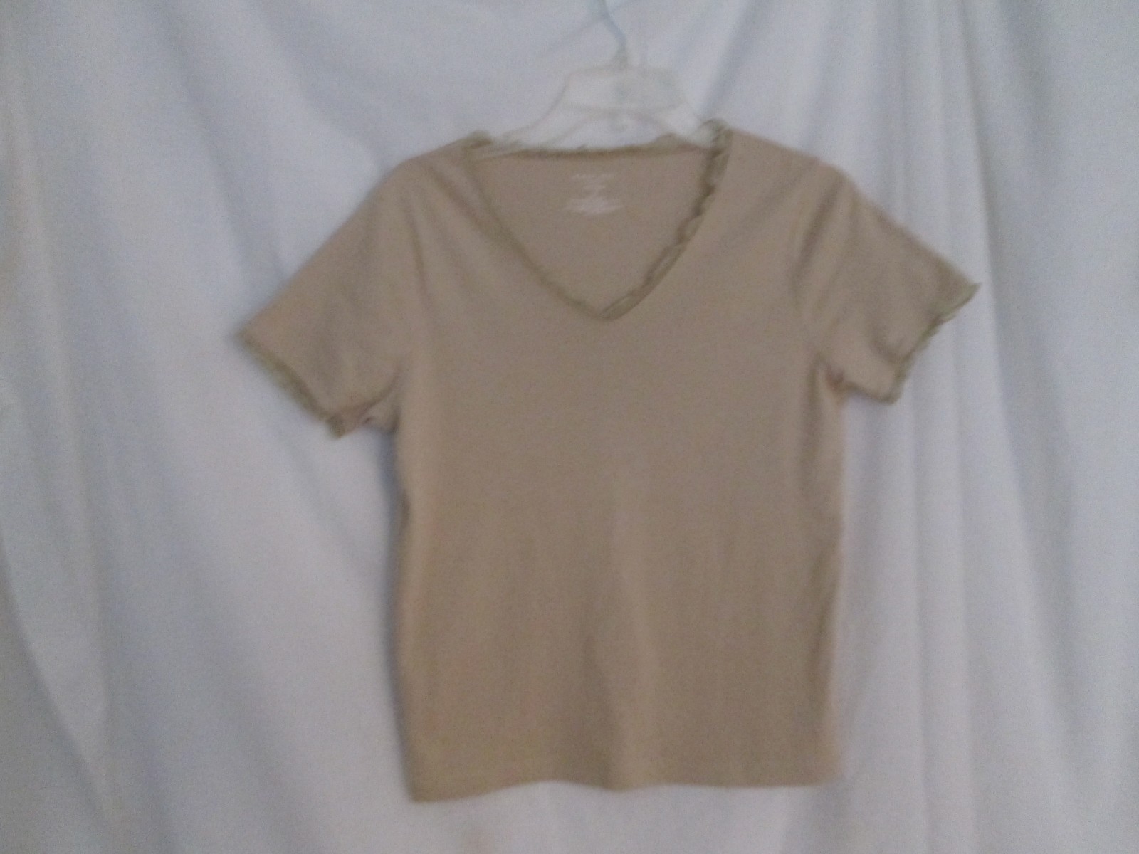 Kate Hill Beige Set-in Short-Sleeve, Mesh-Trimmed V-Neck, 100% Cotton Top, sz S