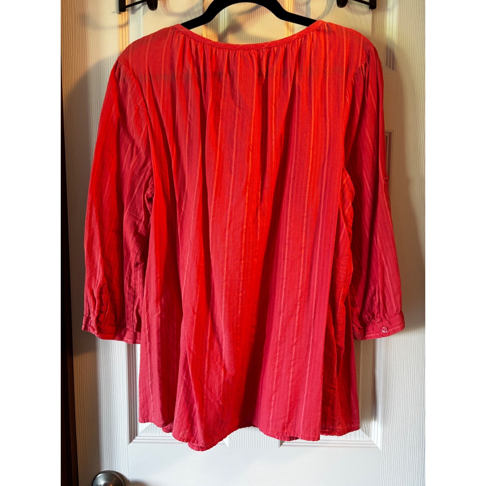 Faded Glory Red Embroidered Peasant Blouse 3/4 Sleeve Textured Stripe Top XL