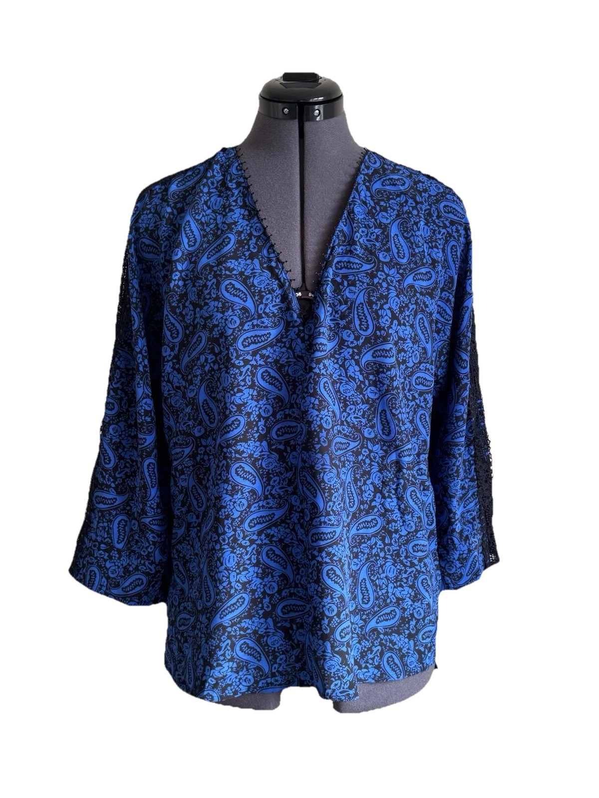 Jigsaw Womens Blue/black ‘Klein Paisley Lace Blouse’ 3/4 Sleeves UK 8