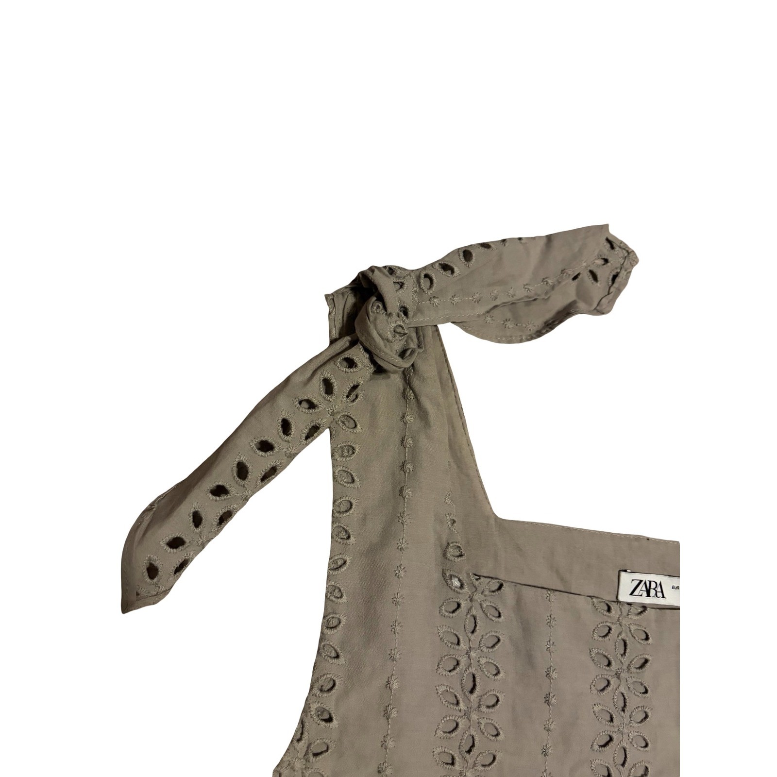 Zara Women Taupe Eyelet Embroidered Tie Shoulder Crop Top Square Neck Khaki M