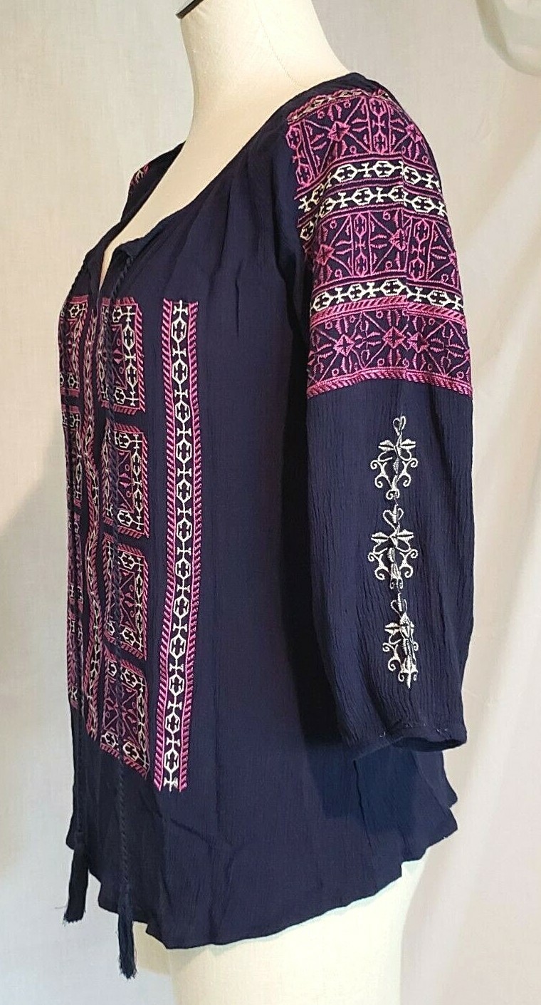 Solitaire Blouse Embroidered 3/4 Sleeve Tassels Hippie Boho Peasant Gypsy size S