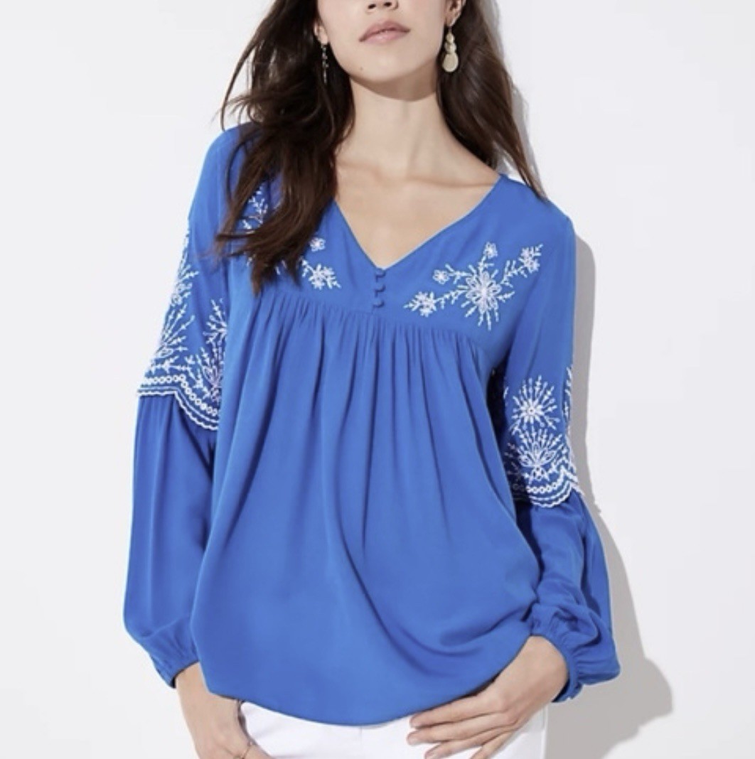LOFT Petite Large LP Cornflower Blue Floral Embroidered Blouse Top Boho Peasant