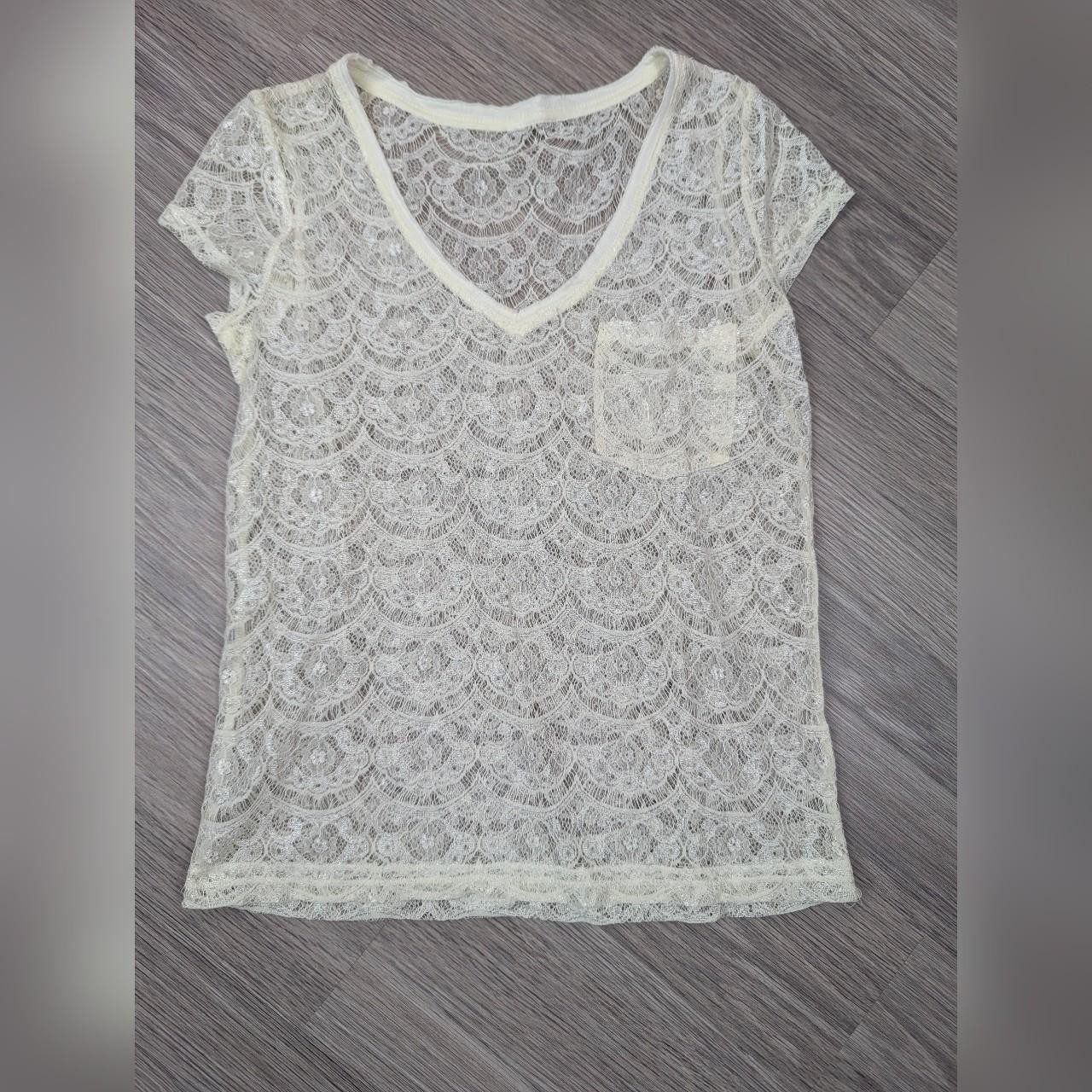 Aeropostale Cream White Scalloped Floral Lace See Through Short Sleeve Shirt
