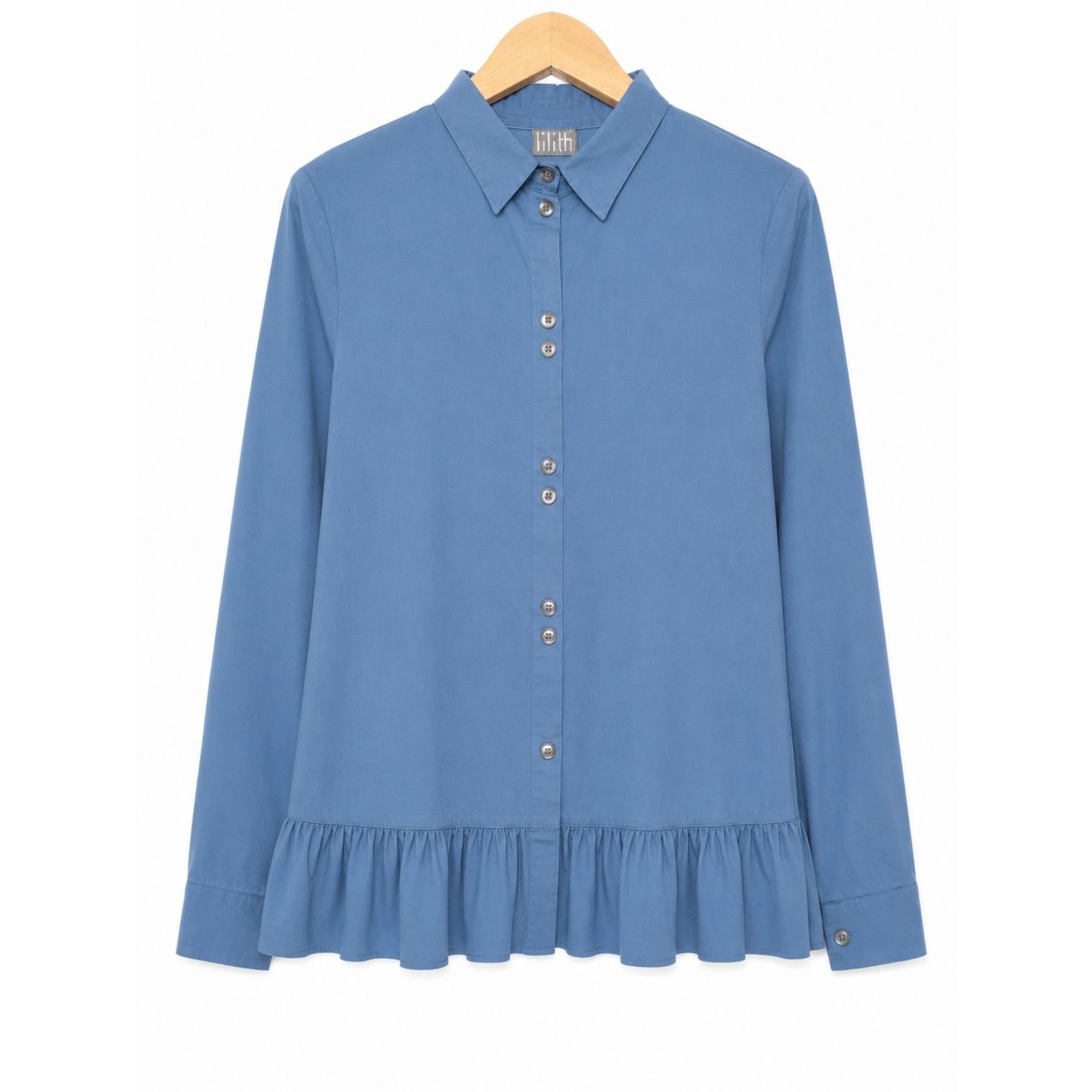 Lilith Italy Blue Asymmetrical Ruffle Hem Blouse Italian Designer Cotton Shirt L