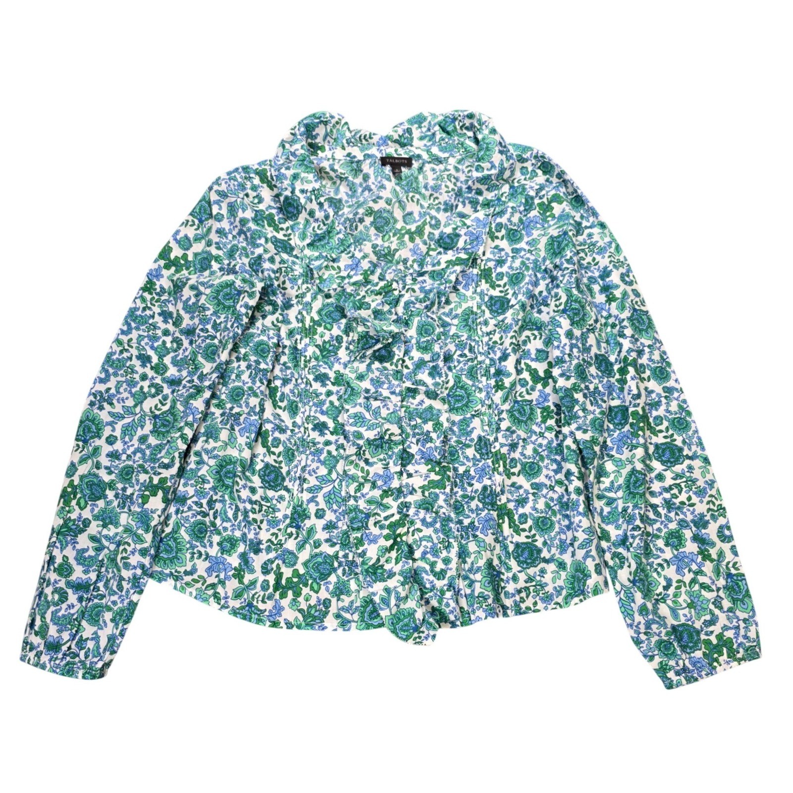 Talbots Floral Paisley Ruffle Blouse Women’s Size S Green Blue Pleated Cotton