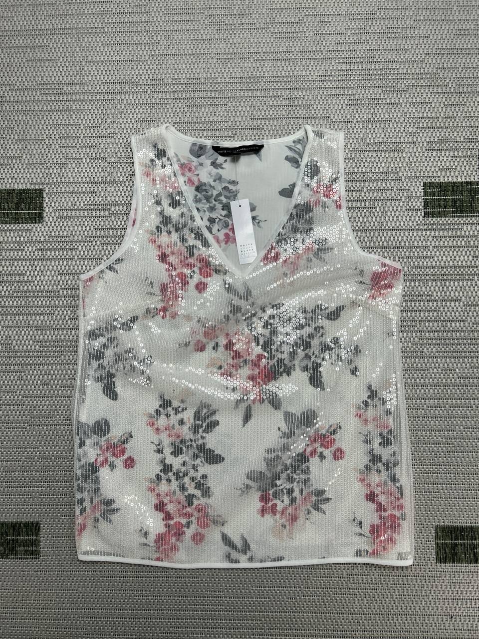 White House Black Market Shirt Womens Small White Pink Gray Floral Sequin Tank