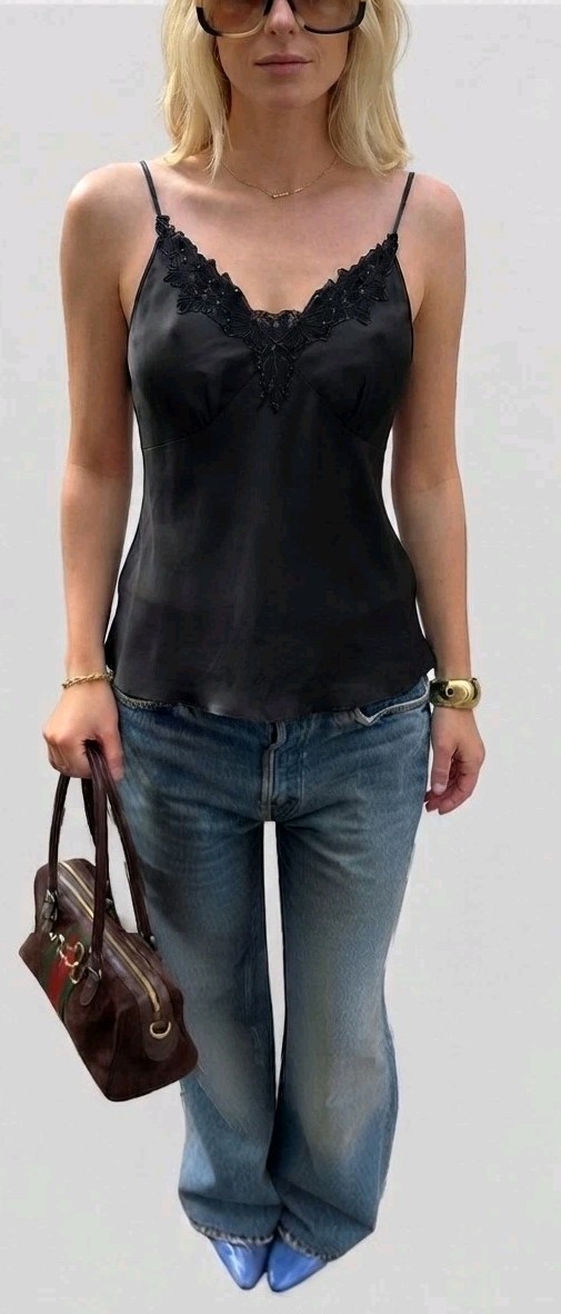NWT Vintage Halston Jeans 100% Silk Camisole Top Black Lace Beaded! Size S