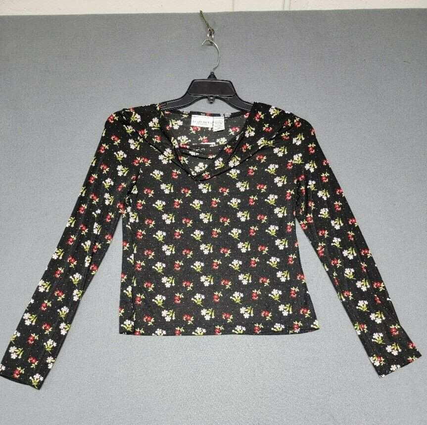NWT~JACLYN SMITH Small Black Floral Long Sleeve Slight Cowl Neckline Stretch