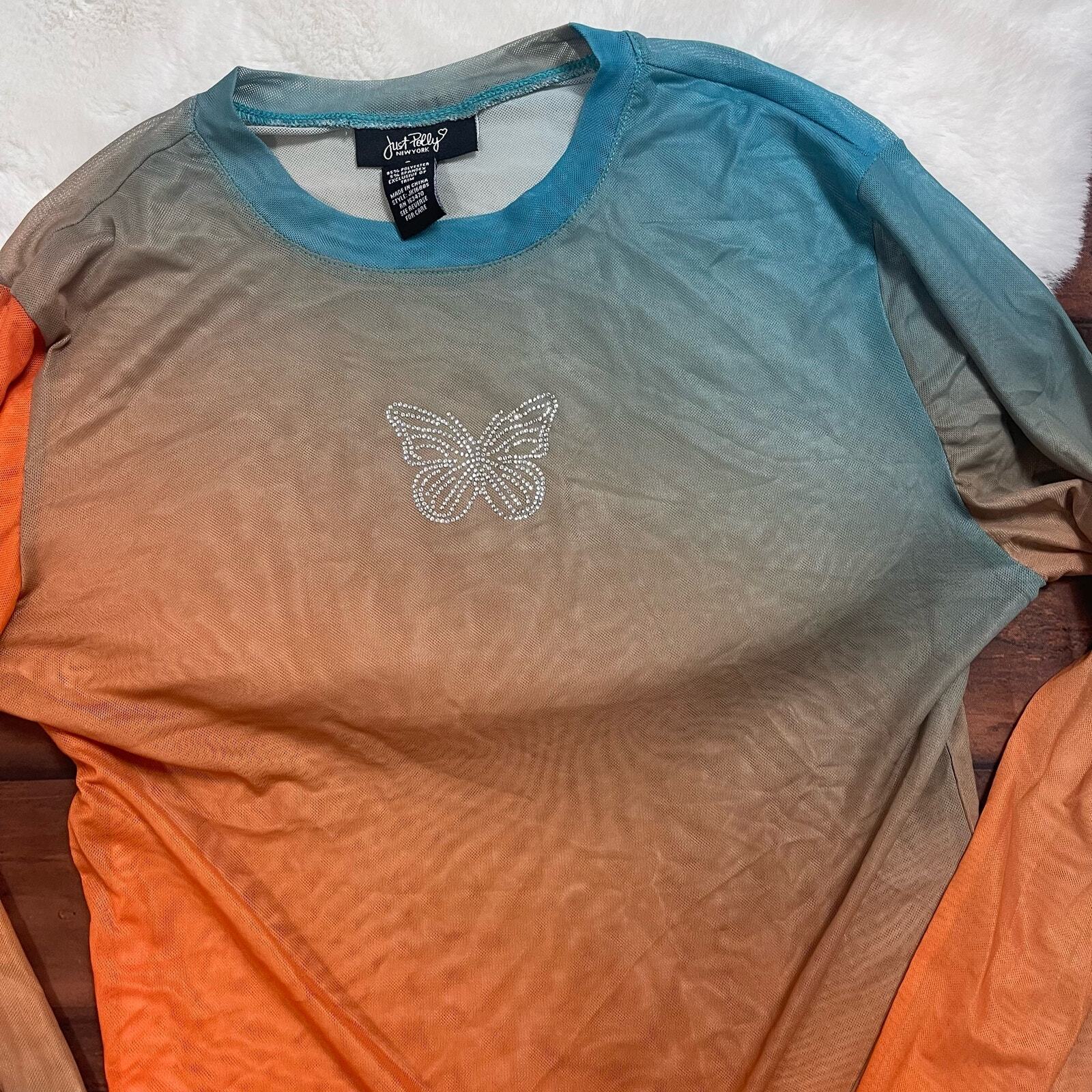 Just Polly Sheer Rhinestone Butterfly Long Sleeve Ombre Orange Blue Crop Top L