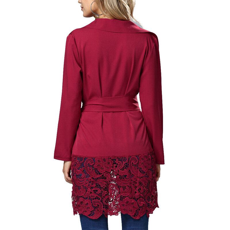 US Women’s Sexy Lace Stitching Loose Coat Belted Autumn Wind Coat Casual Tops