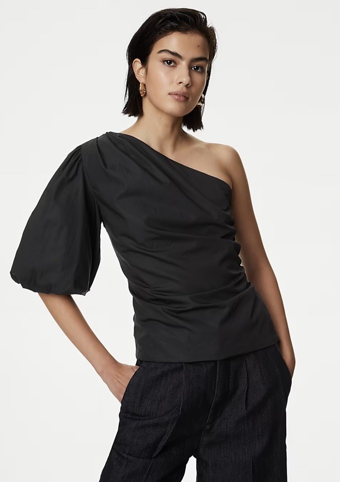 Marks And Spencer Cotton One Shoulder Puff Sleeve Top Black Size 14