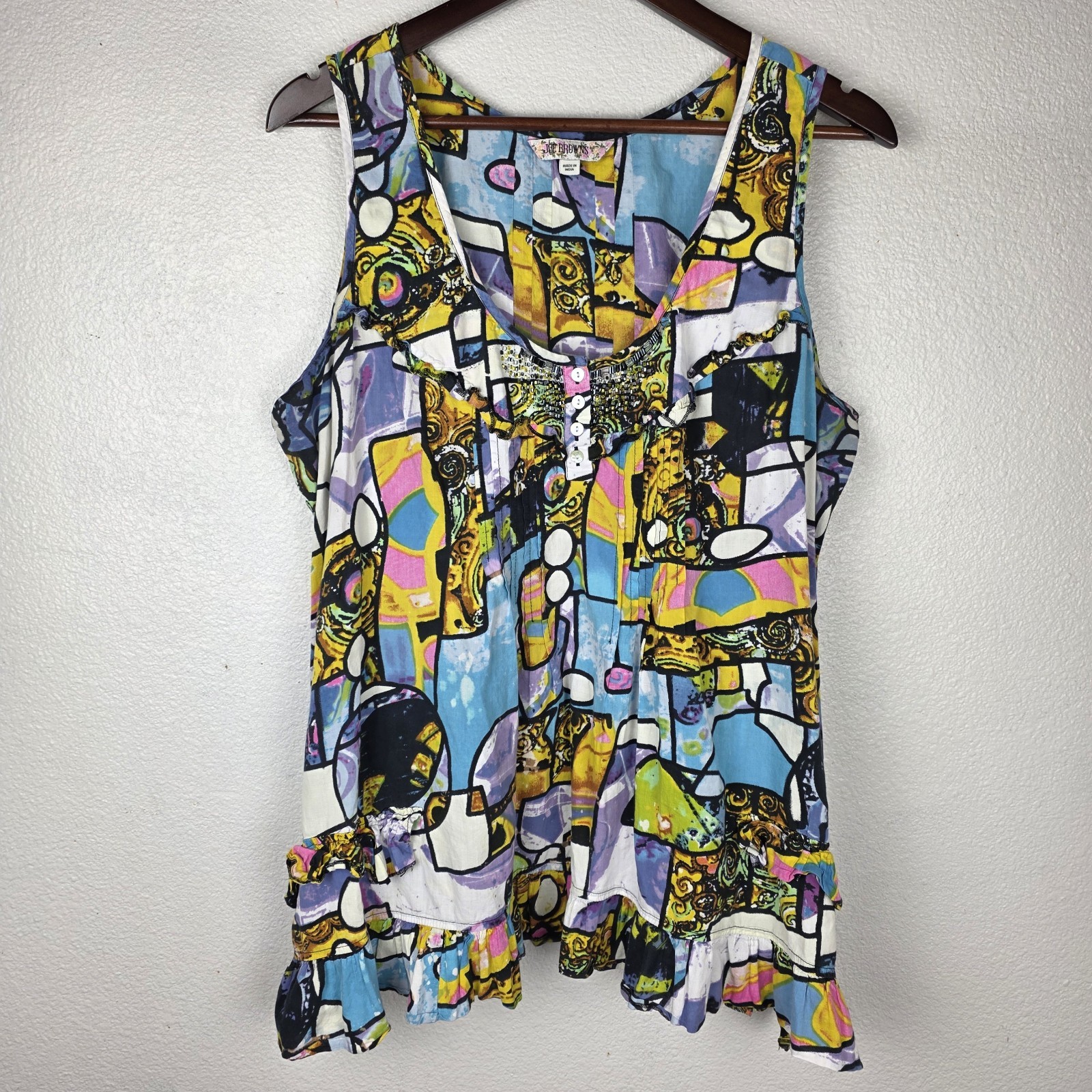Joe Browns Abstract Print Beaded Sleeveless Tunic Top Ruffle Hem Cotton 18 Artsy