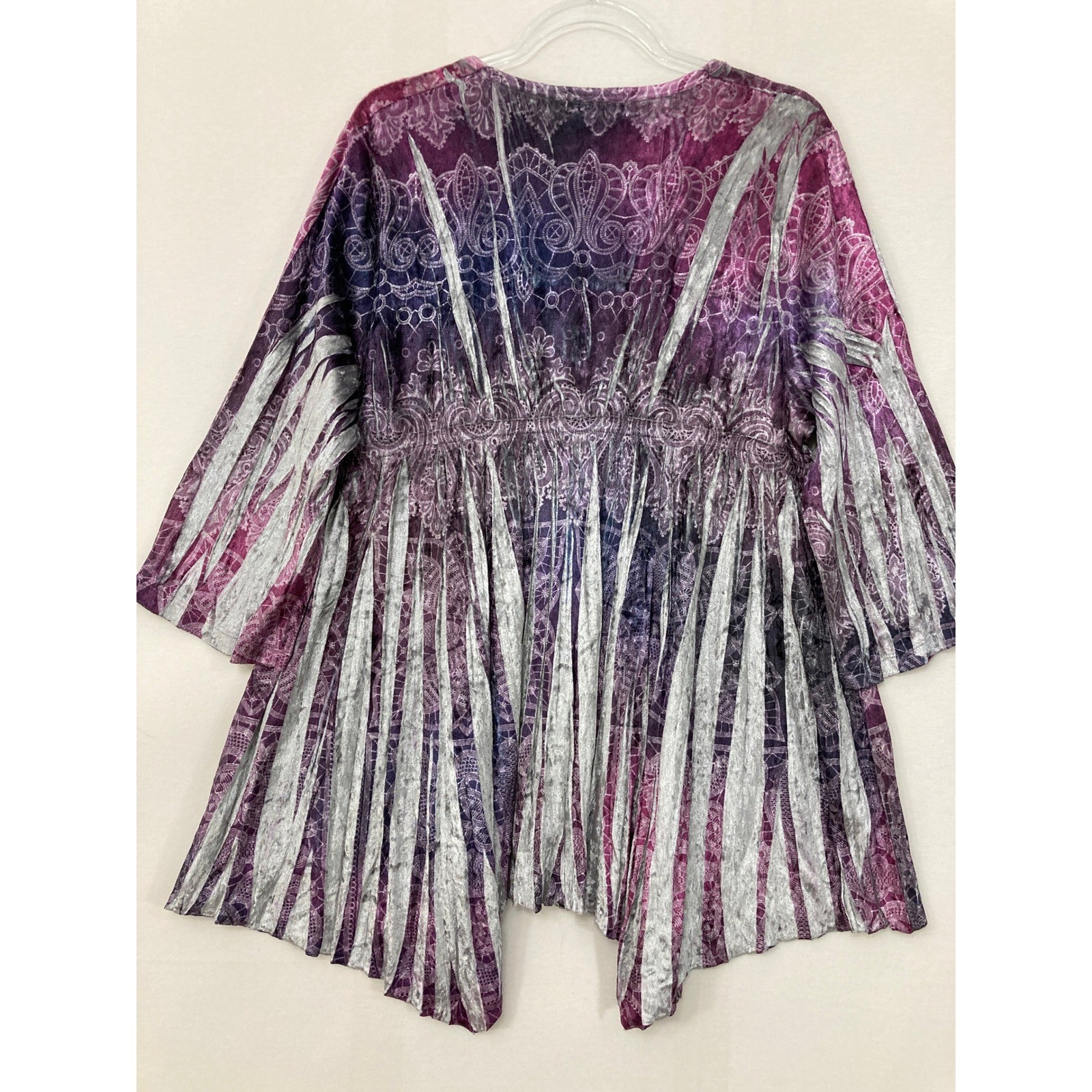 One World Tunic XL Purple Silver Paisley Empire Waist V-Neck Boho Velvet Artsy
