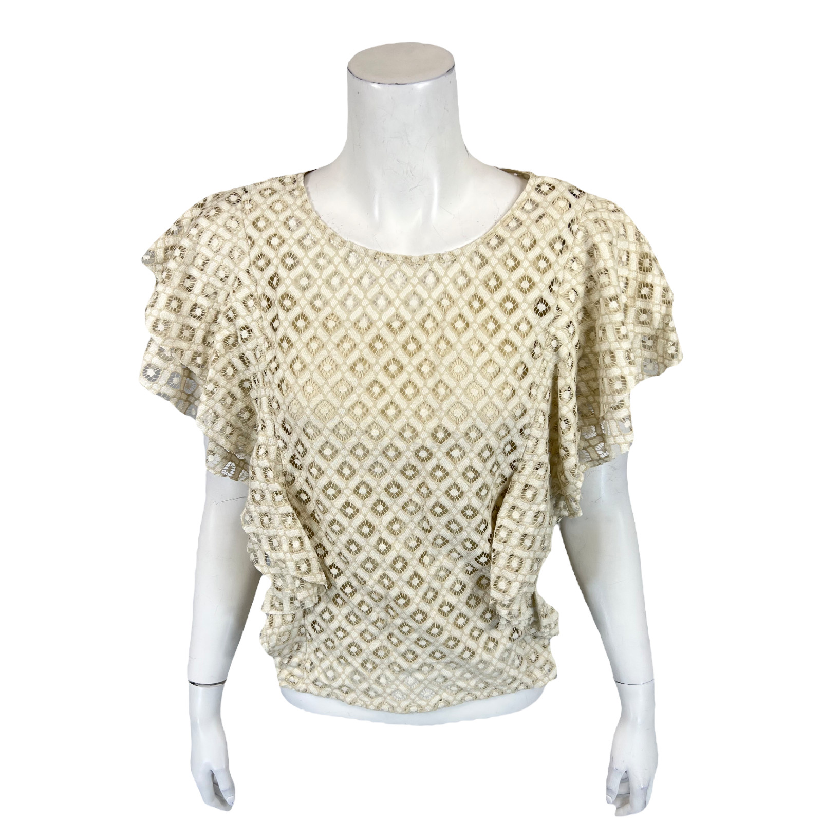 Du Jour Women’s Pullover Crew Neck Ruffle Lace Top Tapioca Medium Size