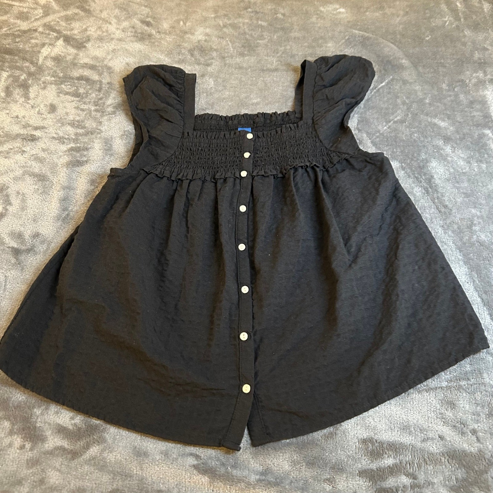 Old Navy Black Button Up Smocked Top Ruffle Sleeve Square Neckline Womens Small