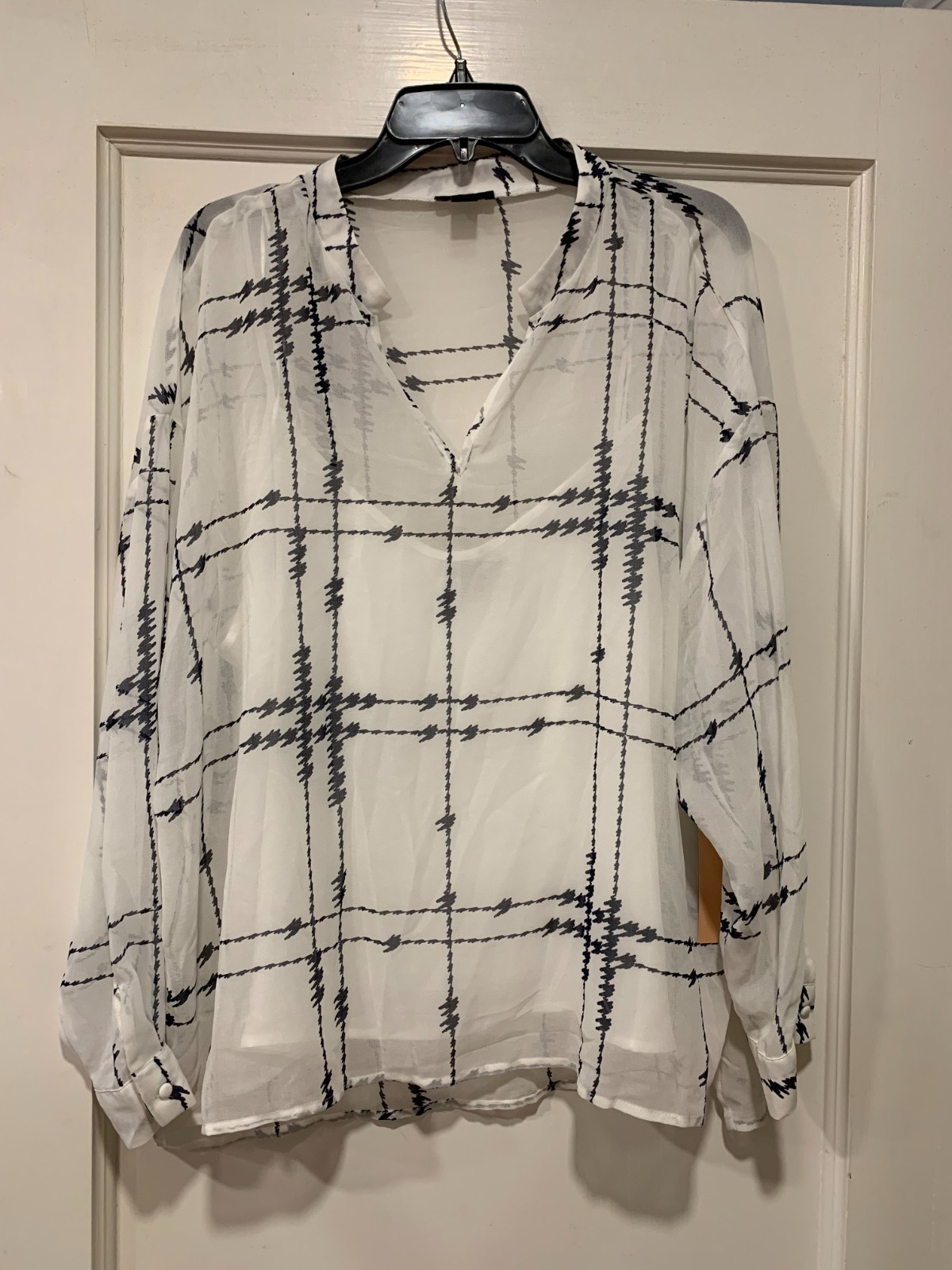 Halogen Sheer Grid Pattern Ivory Black Chiffon Blouse with Camisole XL NWT