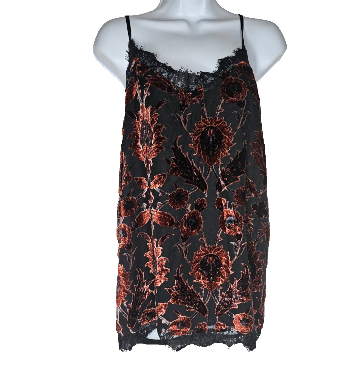 Xhilaration Velvet Burnout Floral Cami XL Lace Trim Boho Goth Slip Top