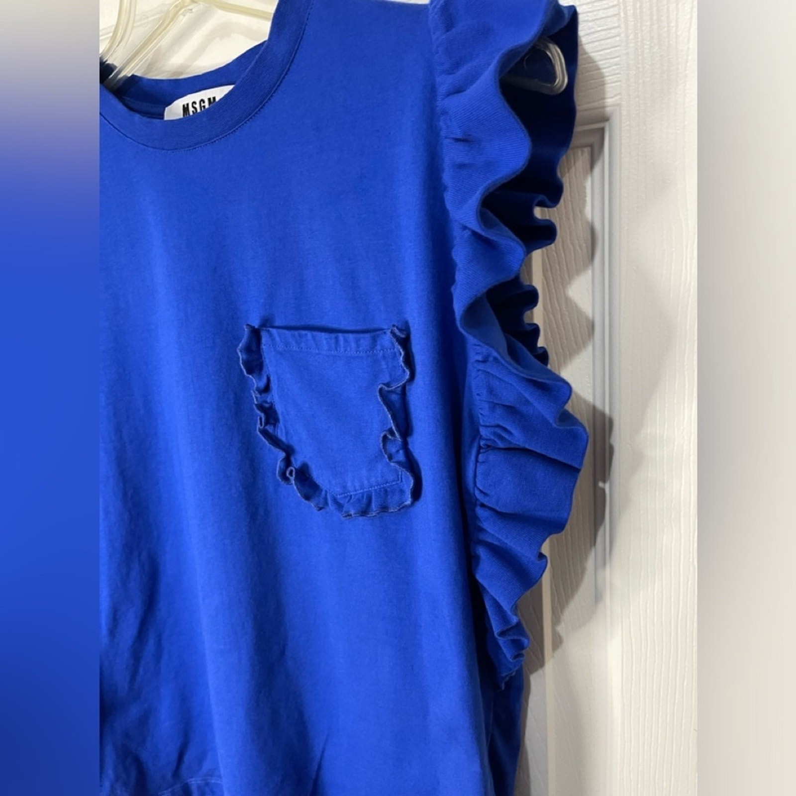 MSGM Milano Blue Ruffle Pocket Flounce Sleeve feminine Cotton T-shirt Medium