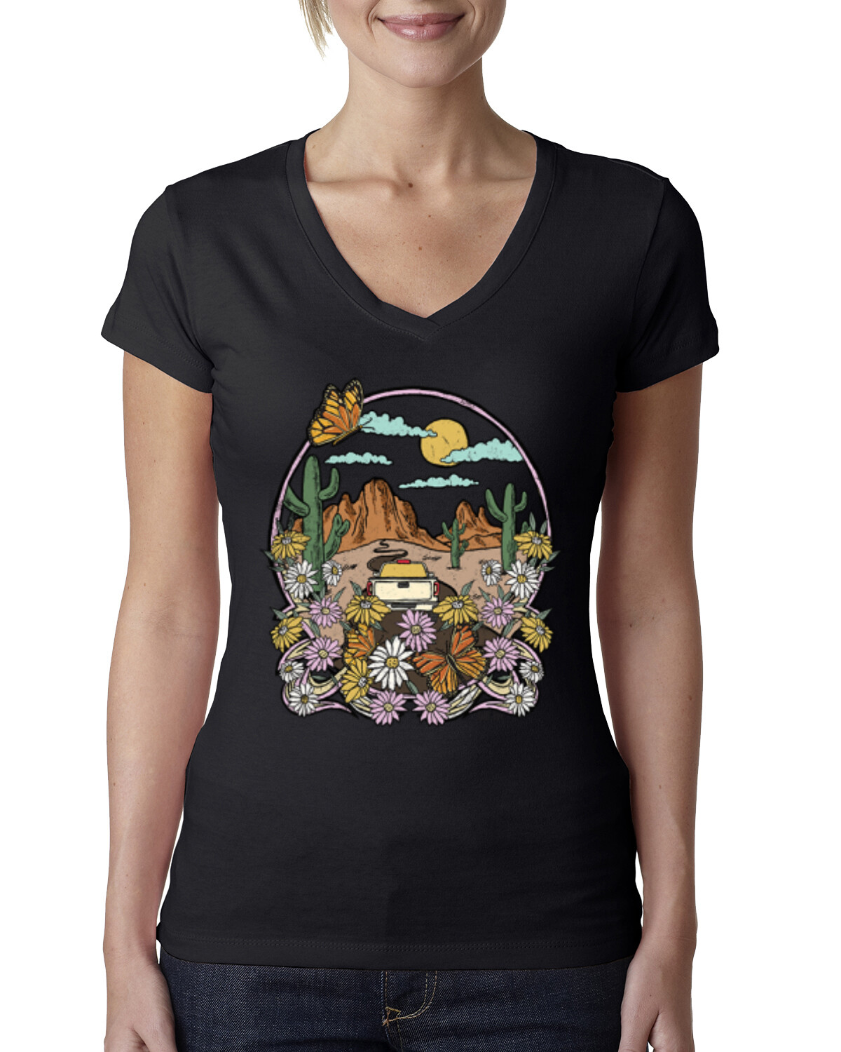 Trendy Landscape With Daisies Cactus Monarch Butterfly Women Junior Fit Vneck