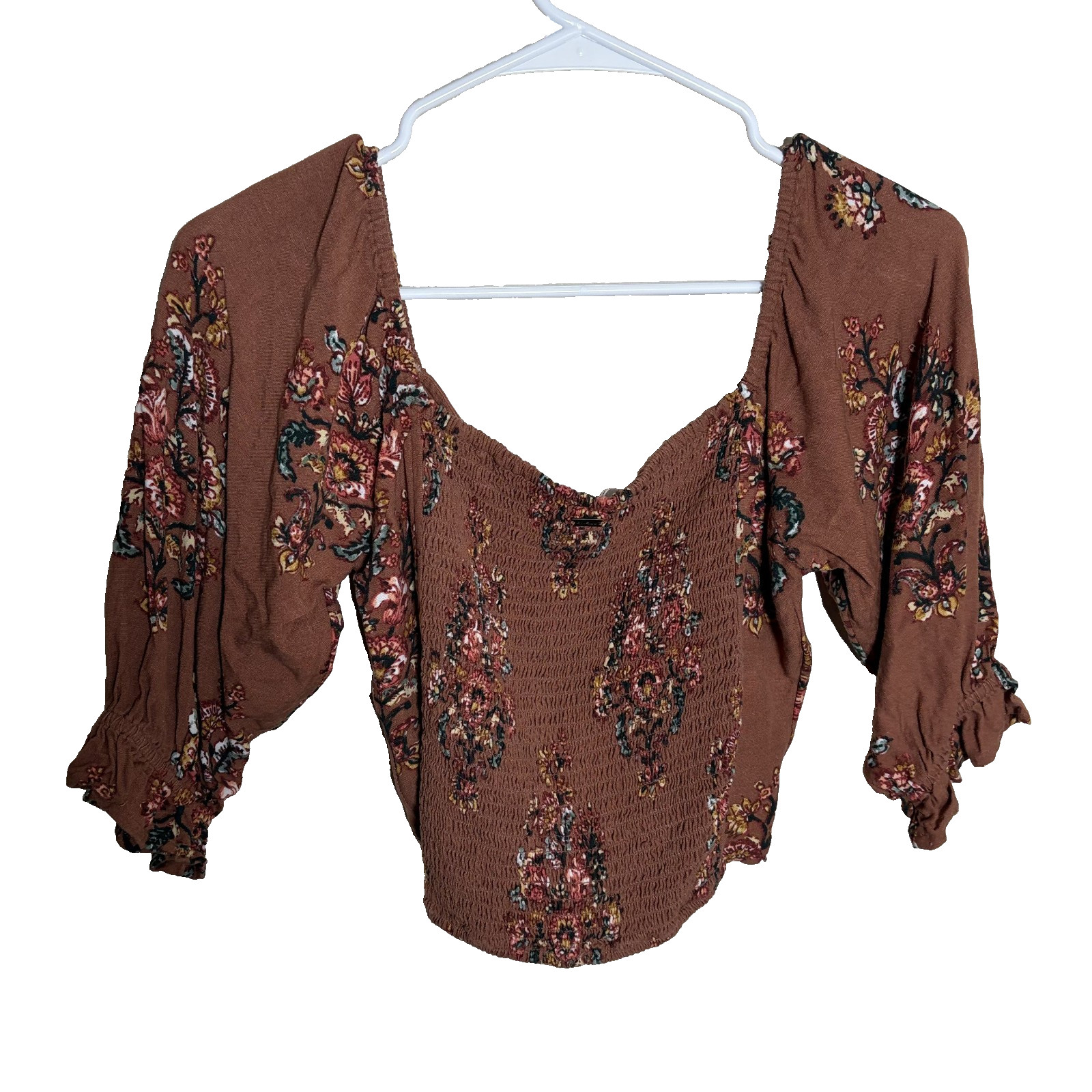 O’Neill Blouse Women’s XS Brown Cropped Smocked Short Sleeve Ruffle Boho