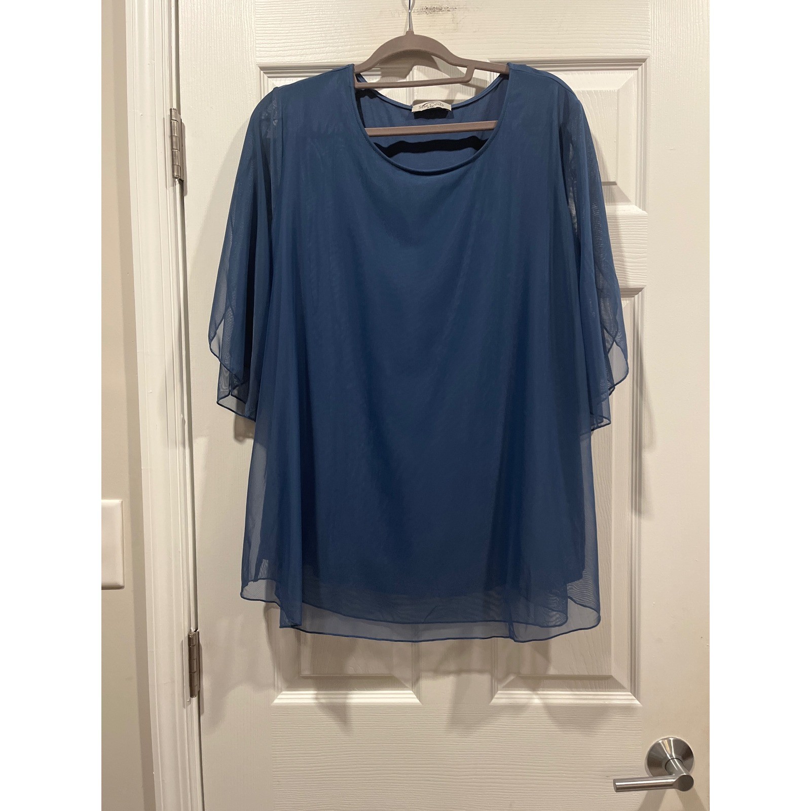 Sese Code Blue Mesh Overlay Blouse XXL Short Flutter Sleeve Layered Scoop Neck