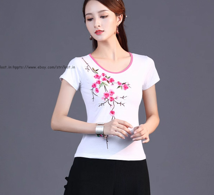 Summer Chinese Style Women’s Short Sleeve Blouse Tops embroidery Ethnic T-Shirts