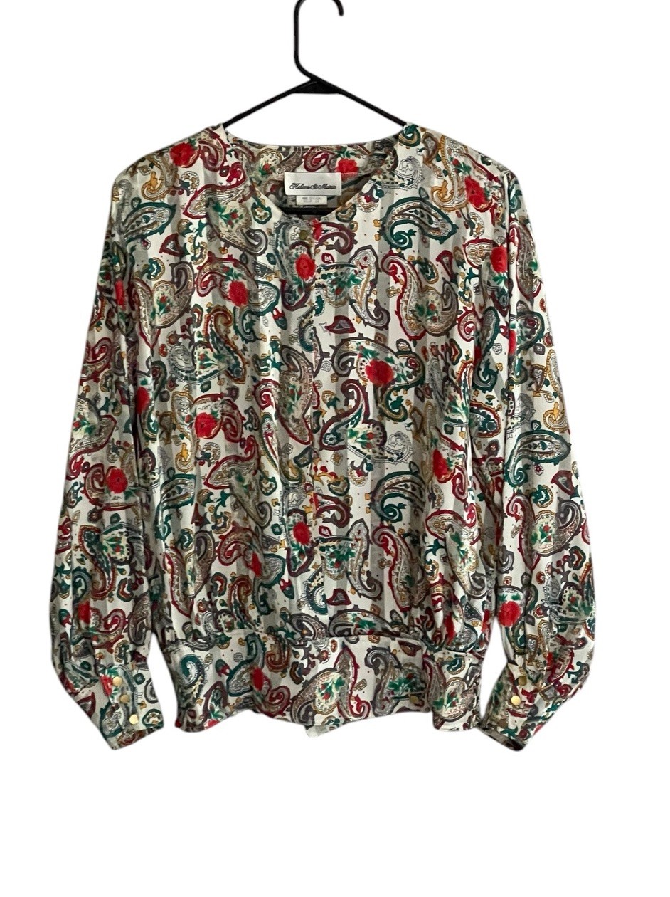 Vintage Women Blouse Sz 12 80’s 90’s Floral Paisley Retro Boho Gold Buttons