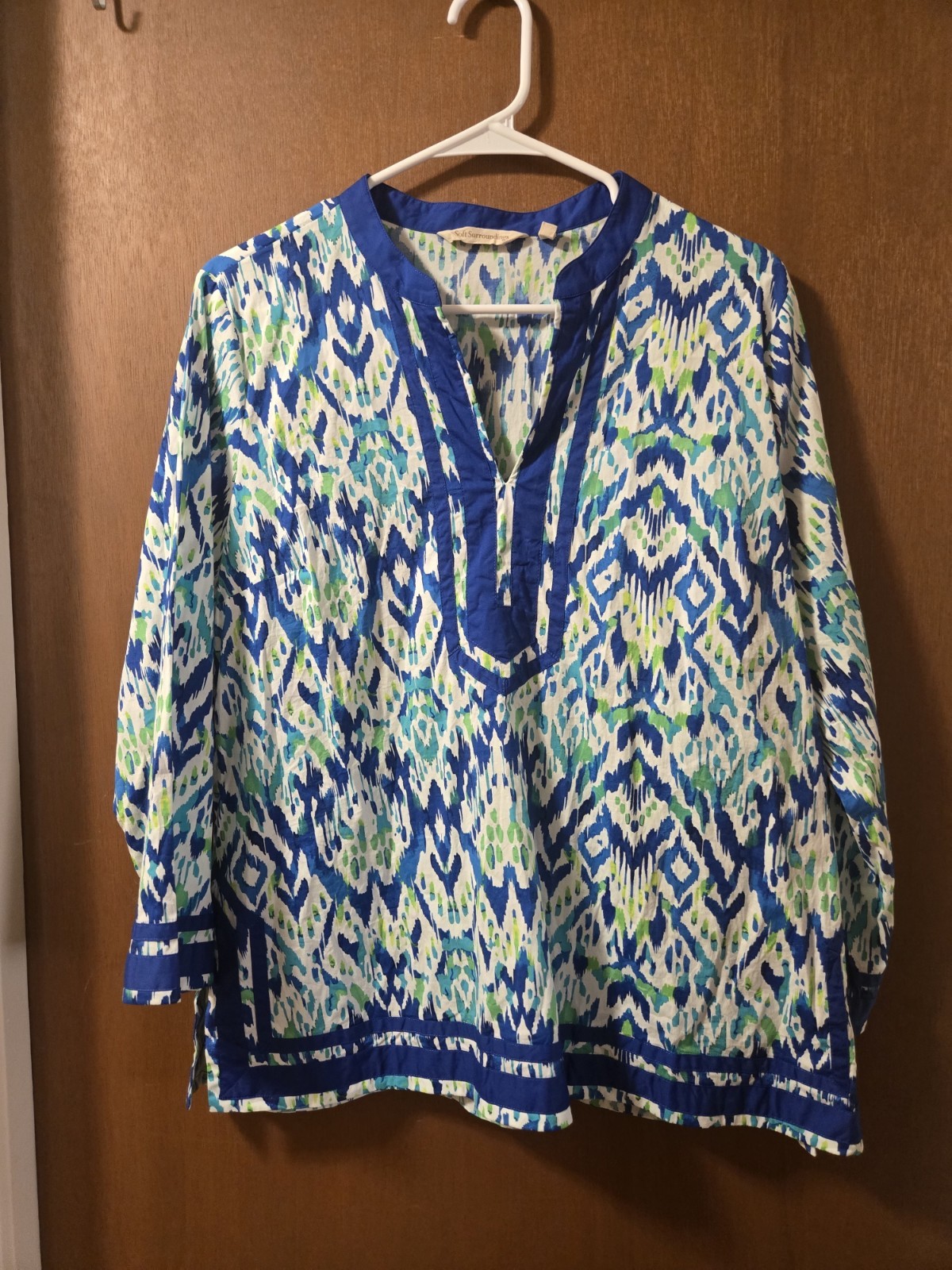 Soft Surroundings Women’s Geometric V-Neck 3/4 Sleeve Woven Tunic Blouse PL