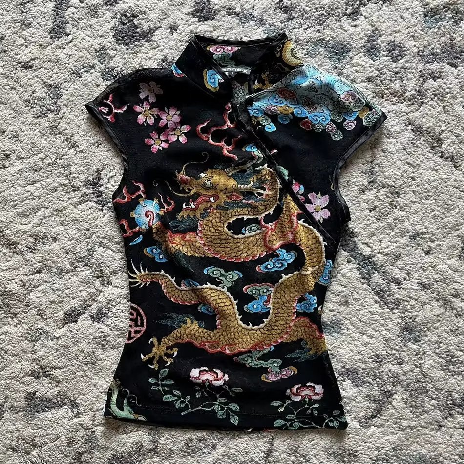 Y2K Chinese Style Crop Top | Grunge Sweet Girl Punk Tee | Gothic Streetwear Shor