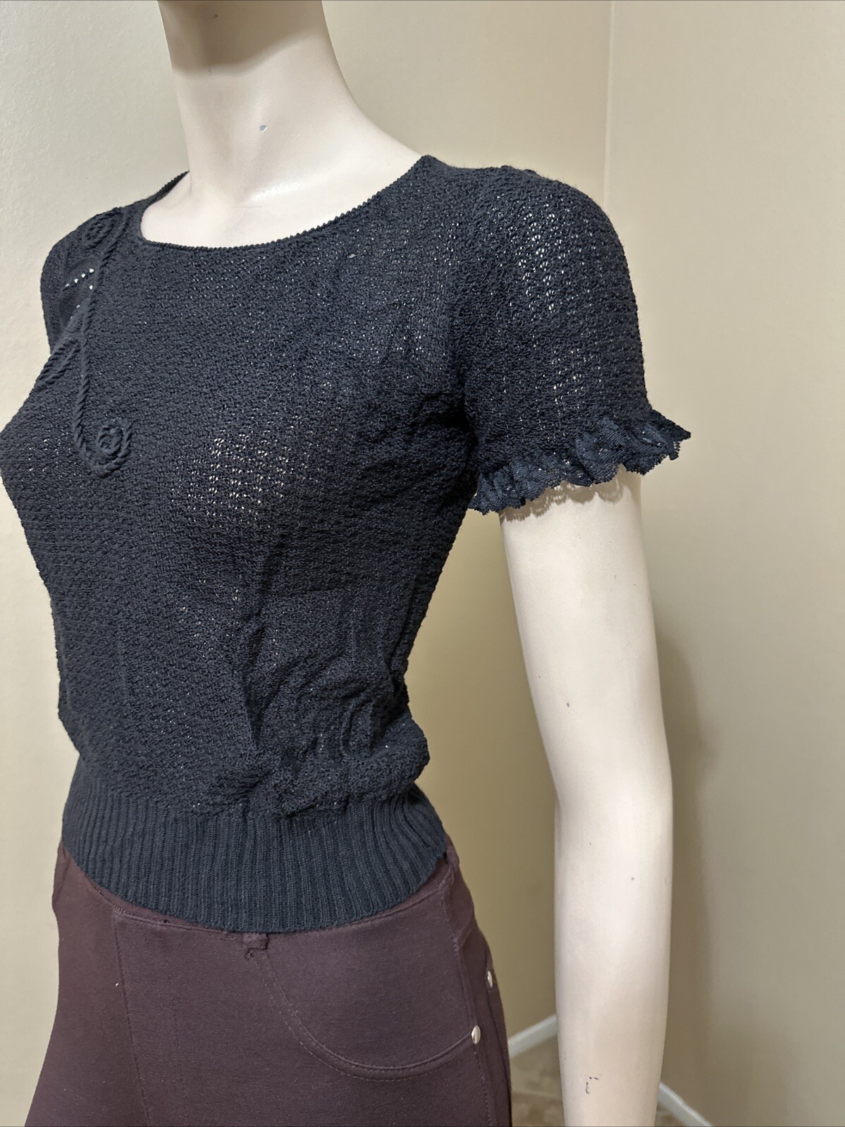 Women’s Black Cotton Crochet Casual Stretch Slim Sheer Lace Beaded One Size Top