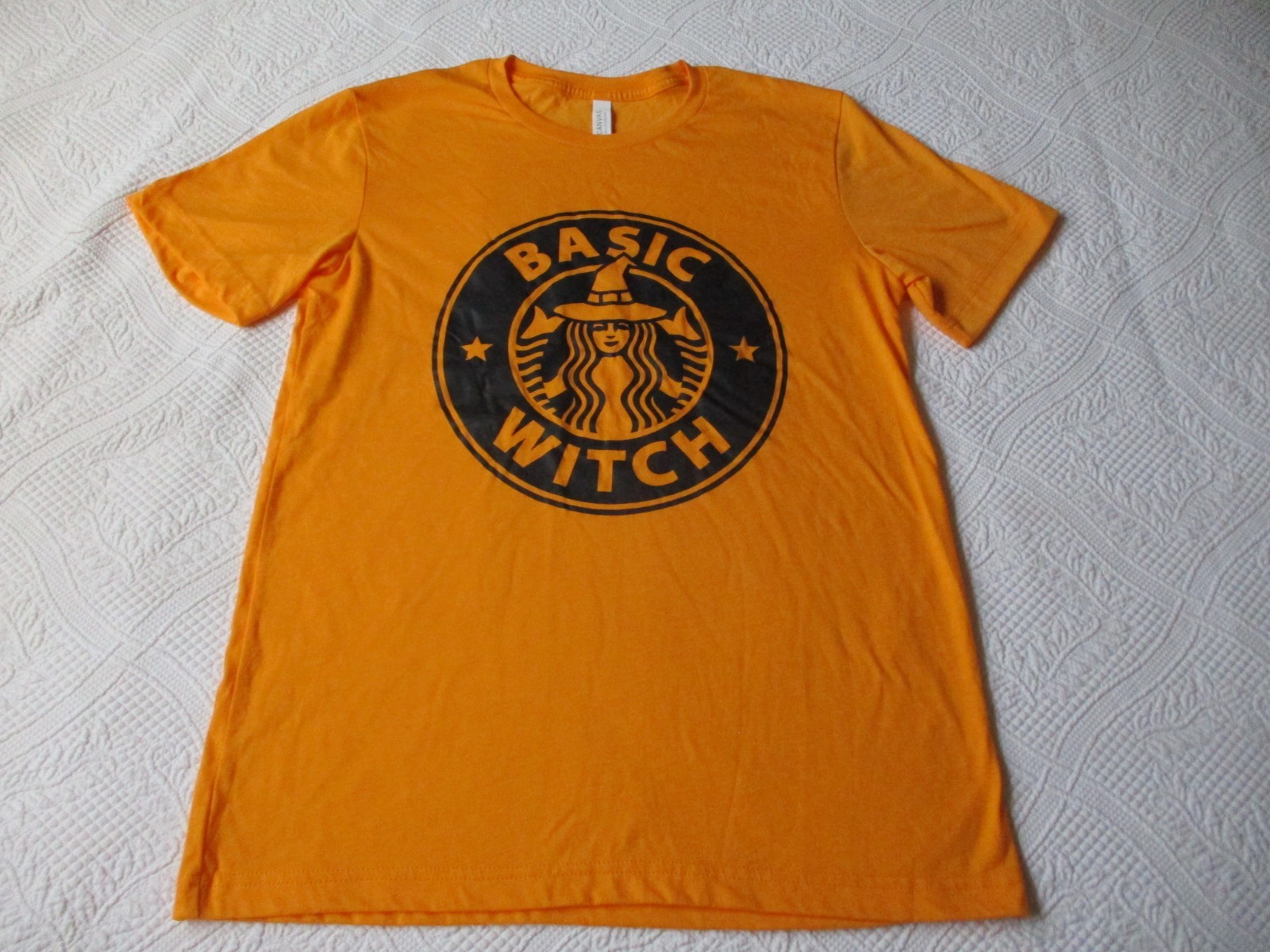 Basic Witch Top Mermaid Starbucks Parody Orange T-Shirt Women M Halloween canvas