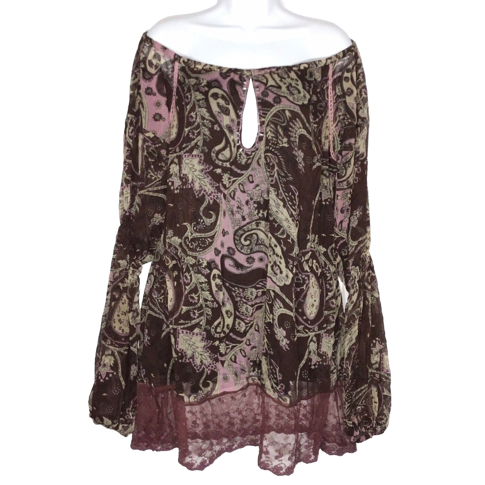 RU Apparel Womens Off Shoulder Top M Paisley Beaded Keyhole Juliet Sleeve Lace