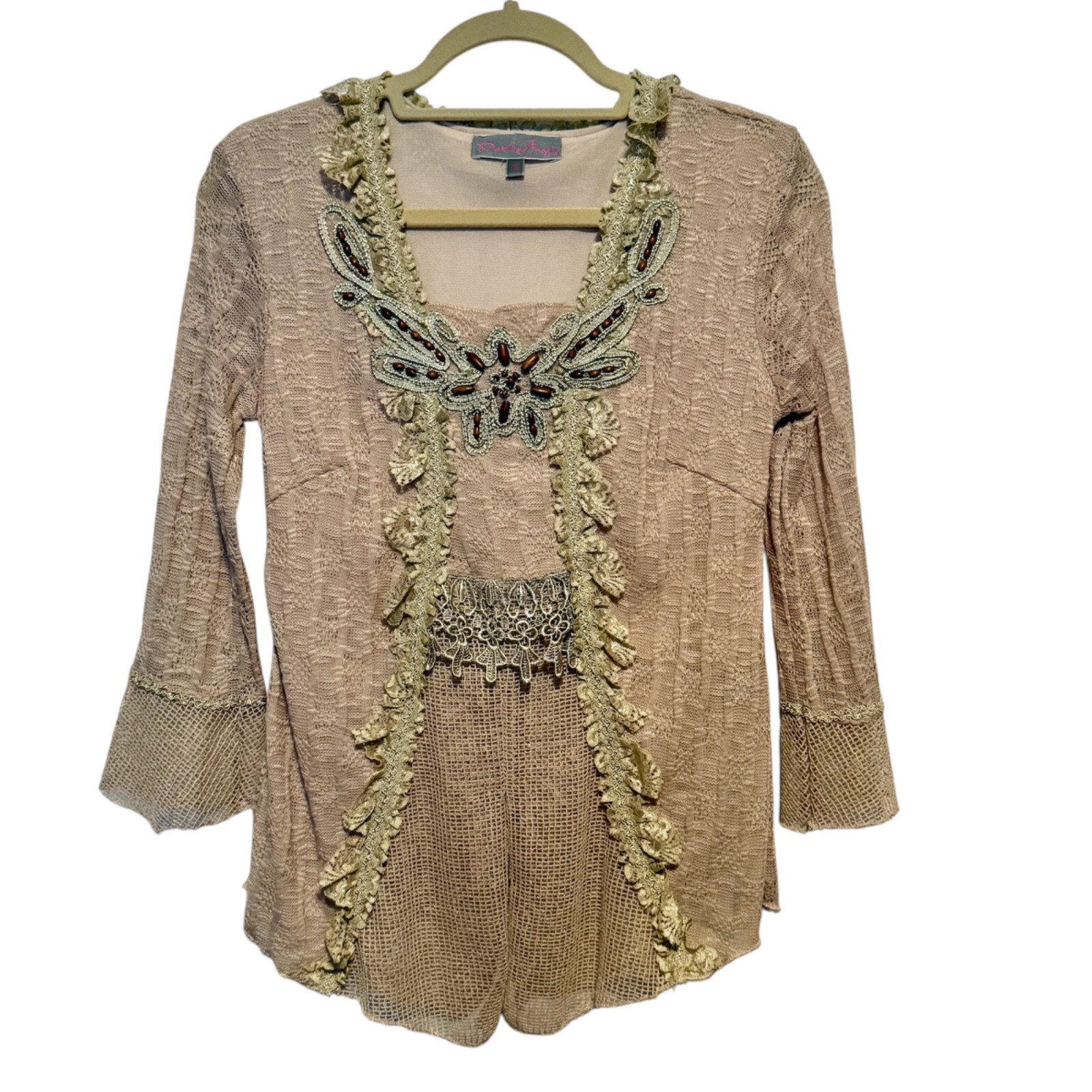 Pretty Angel Linen Blend Top Lace Bead Trim Size Small Fairy Bohemian