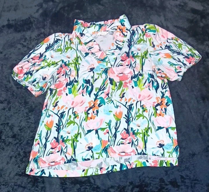 Crown & Ivy Ruffle Neck Puff Sleeve Blouse L Multicolor Floral Preppy Bloomcore