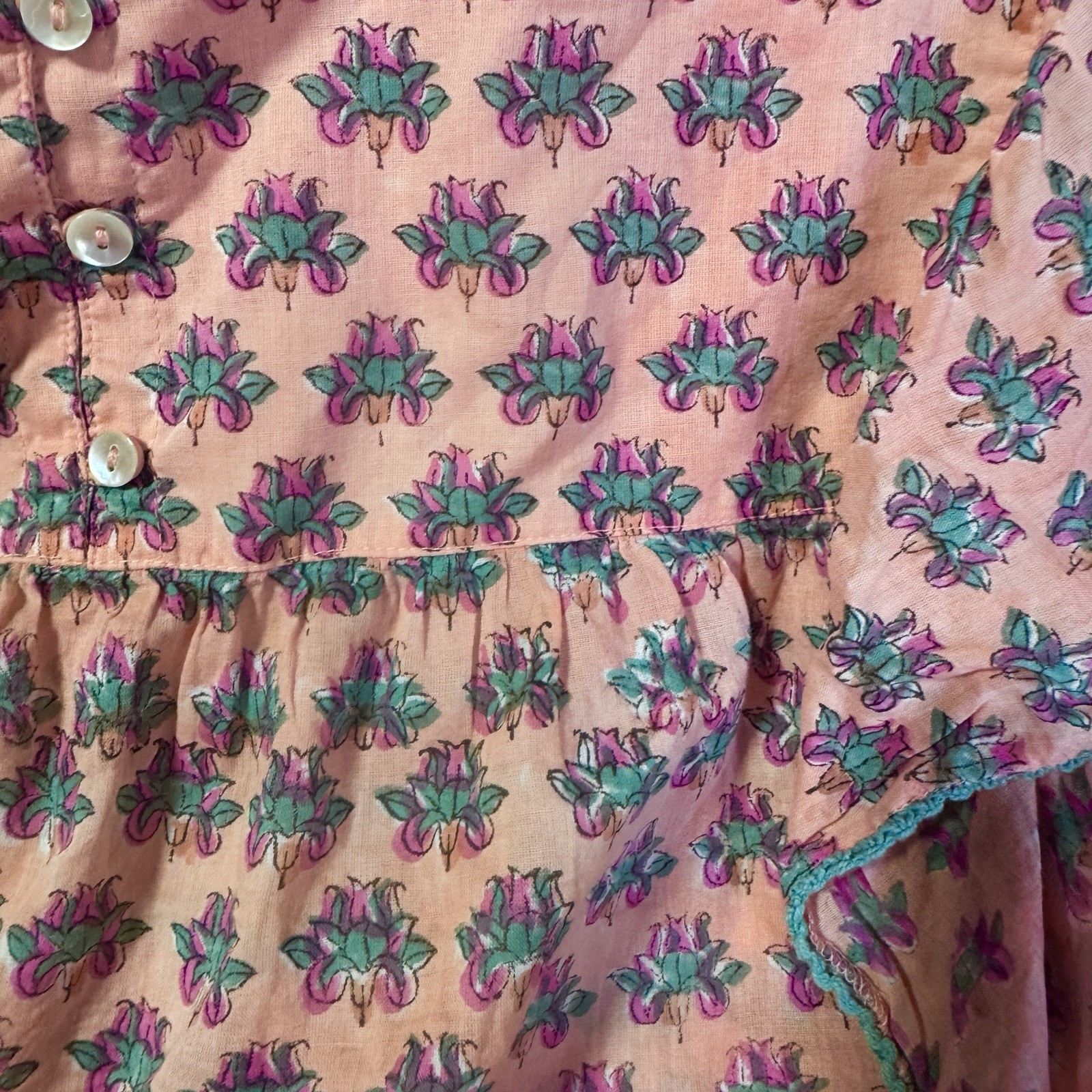 World Market Floral Block Print Blouse Top Coral Pink Boho Flutter L/XL