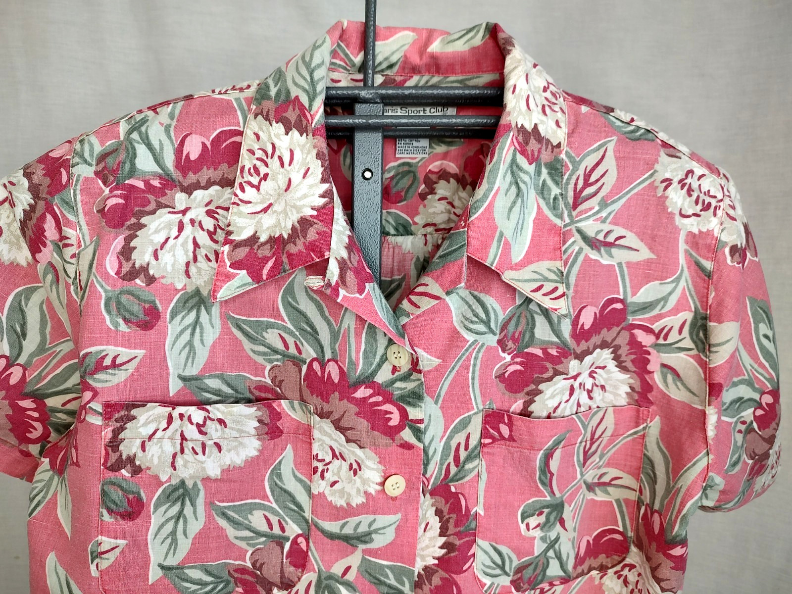 Vintage 90s Paris Sport Club Shirt Top Womens Sz Lg Pink Red Floral Tropical