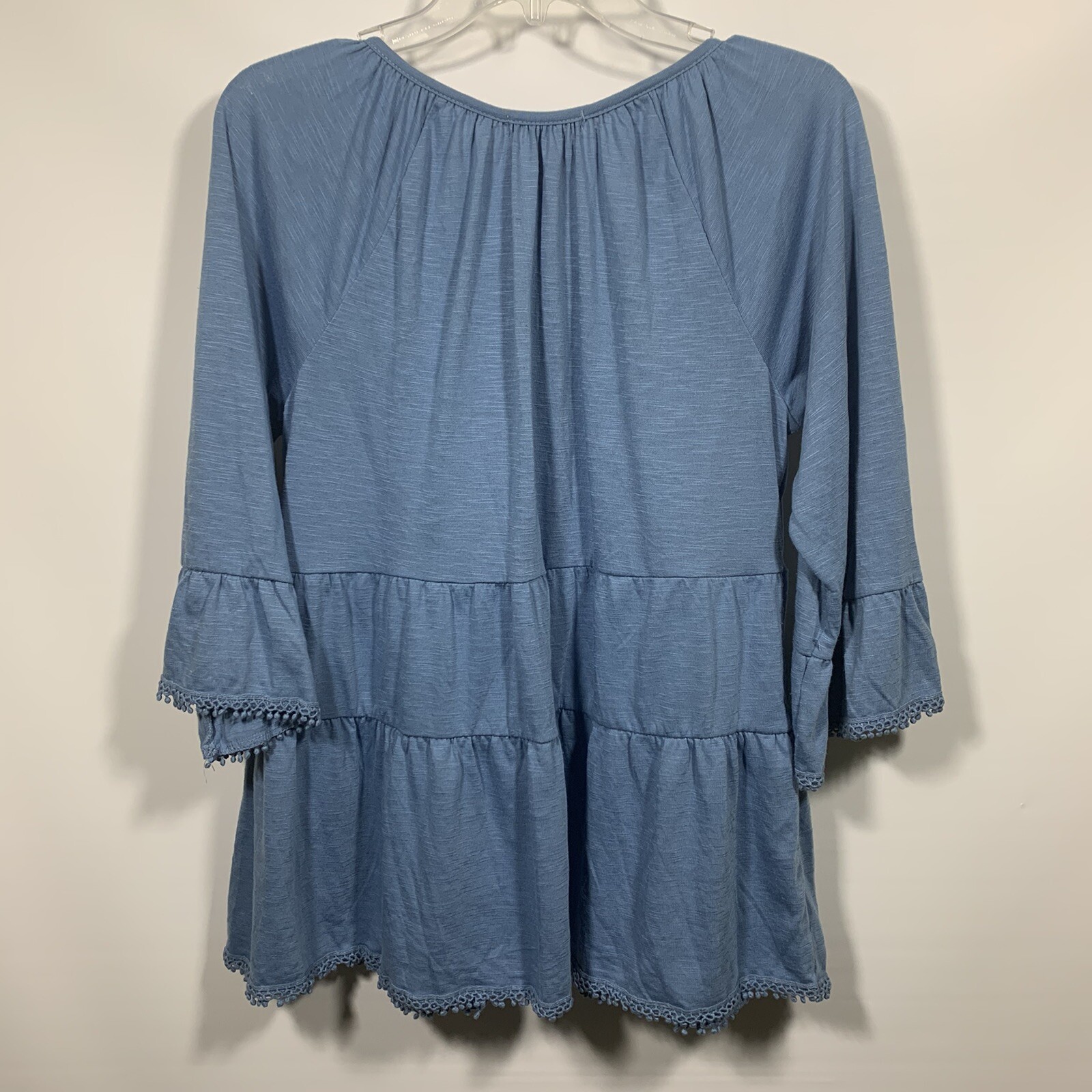 Isela Womans Embellished Top Hem Details Size Medium Blue Key Hole Tie Neckline