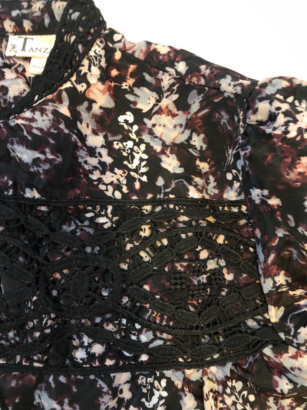 TANZARA – Women’s Large – NEW – Black Pink Floral Lace Panel Blouse – MSRP $43