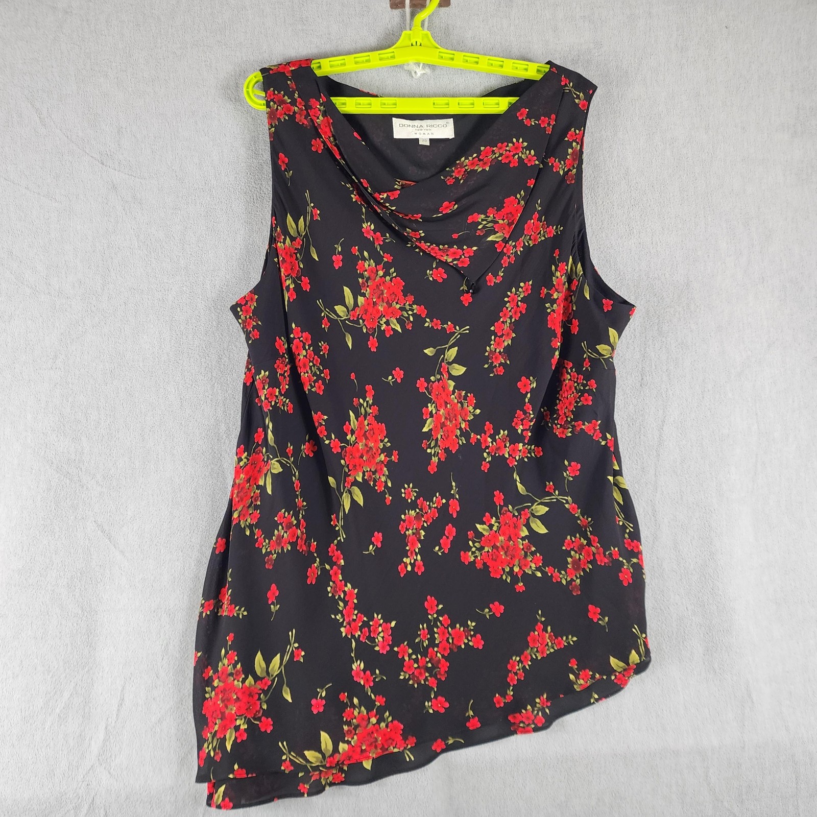 Donna Ricco Blouse Sleeveless Womens 20 Black Red Floral Cowl Neck Tunic Top