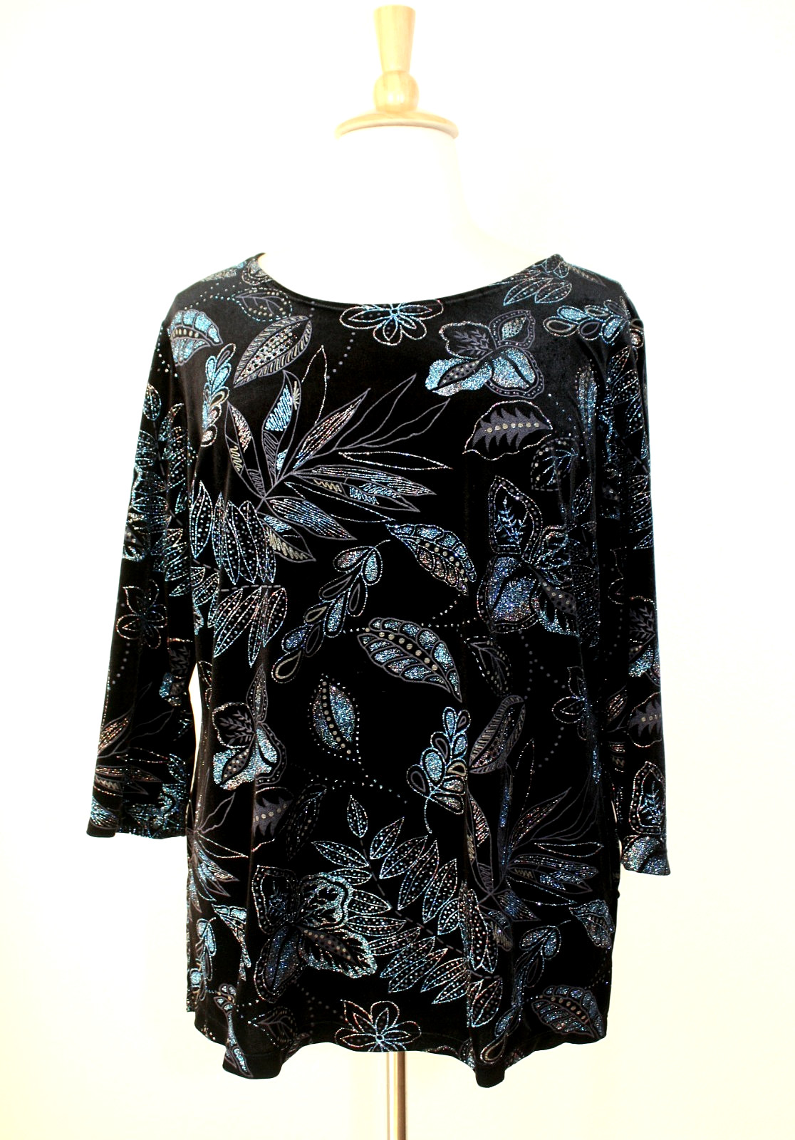 NOTATIONS Knit Party Cocktail Top Tunic 3/4 Sl. Black / Sparkling Floral 1X #04