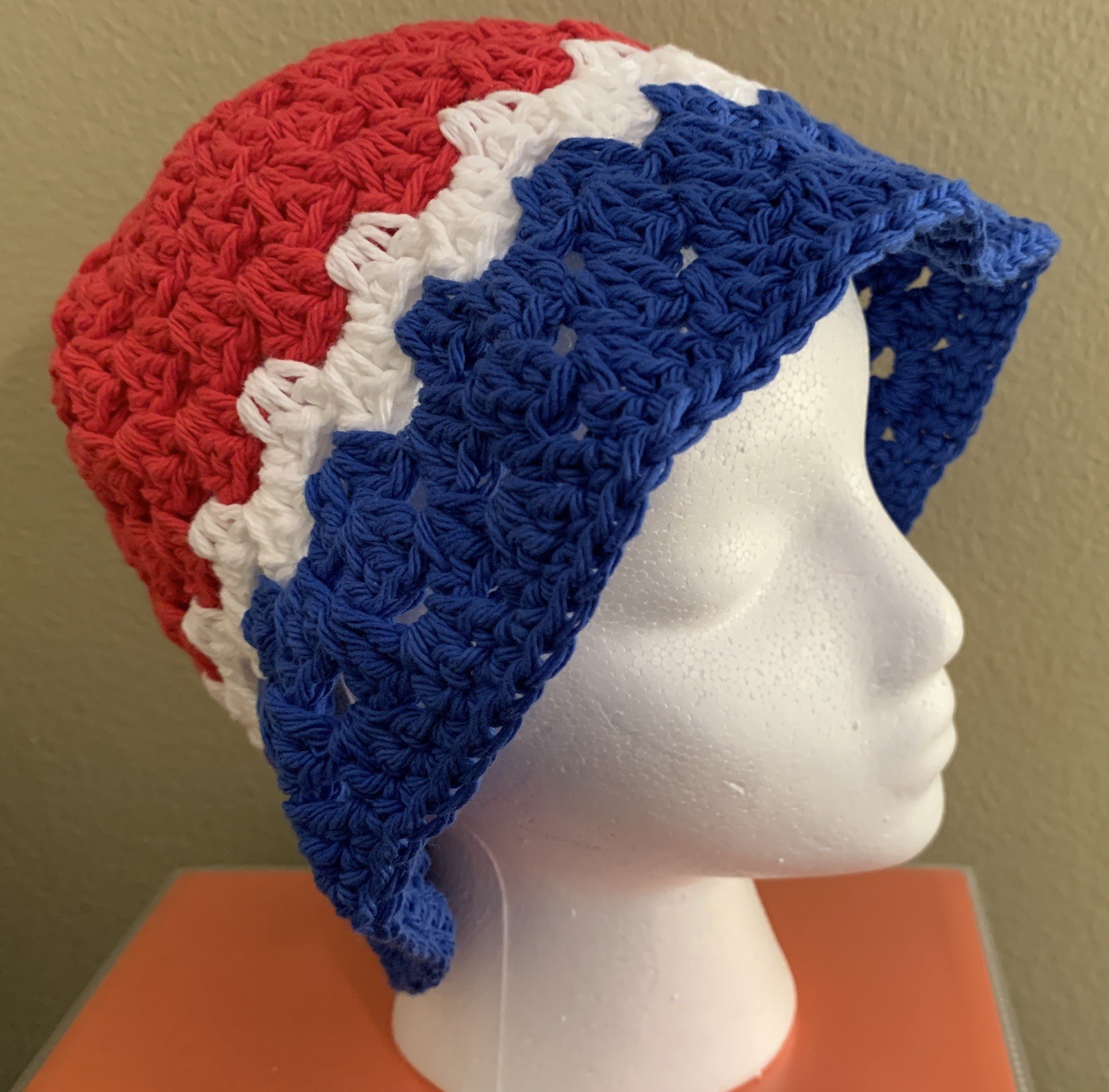 Crochet Boho Beach Bucket Hat Red White Blue MULTI America Cotton
