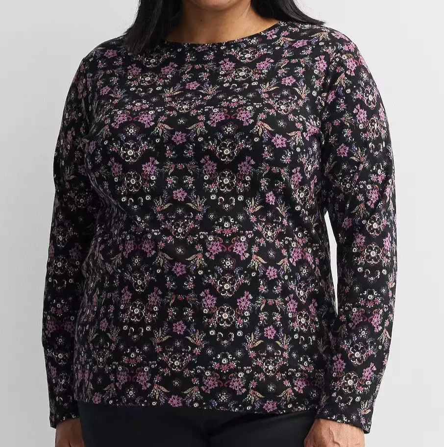 Croft & Barrow Size 1X Black Purple Floral knit top, crew neck, long sleeve NWT
